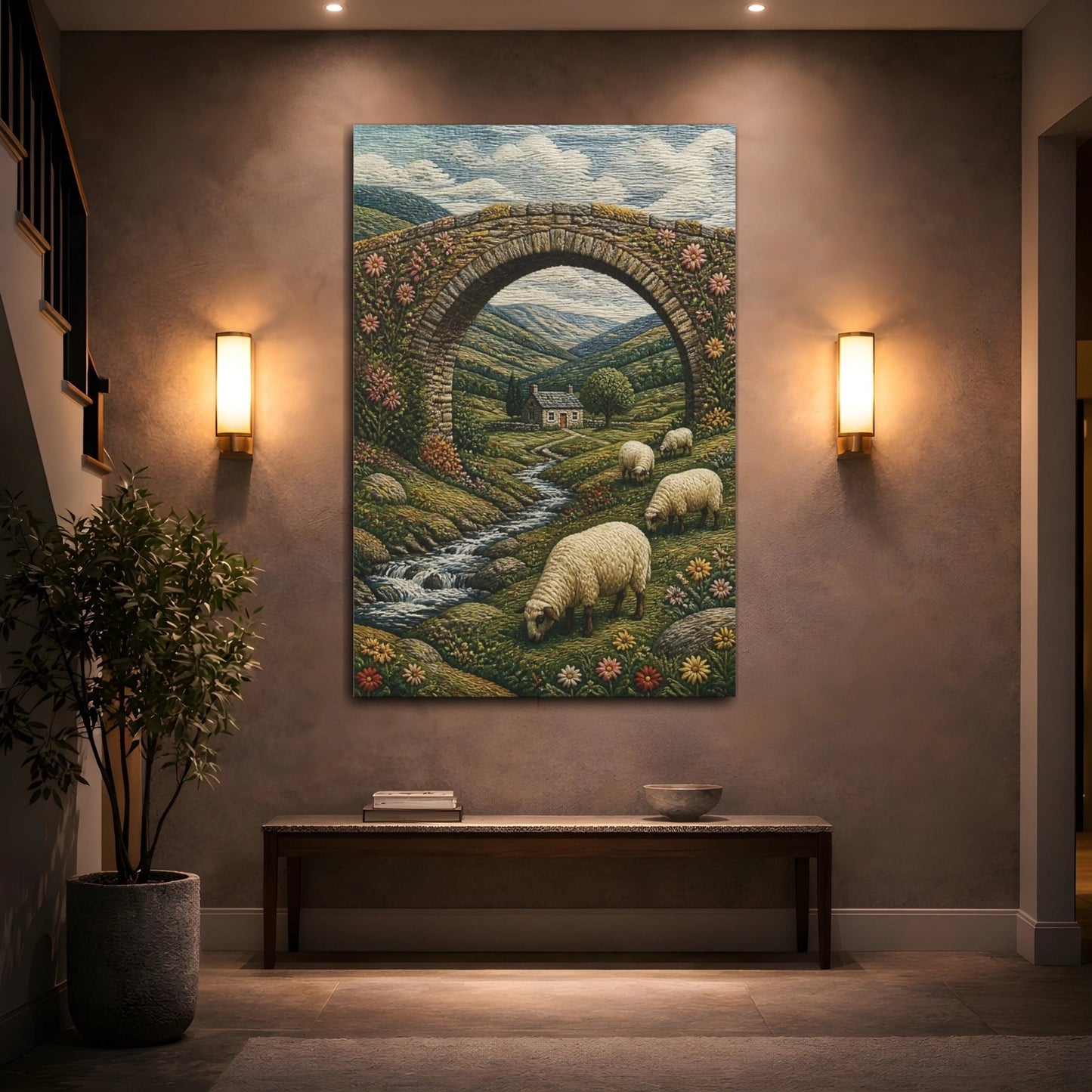Embroidered Textile Landscape Illusion Sheep On Canvas Wall Art Print – Textured Living Room, Above Console Table - YesArtYes