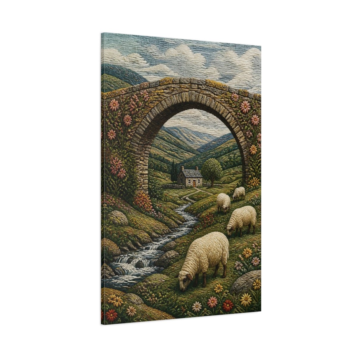 Embroidered Textile Landscape Illusion Sheep On Canvas Wall Art Print – Textured Living Room, Above Console Table - YesArtYes