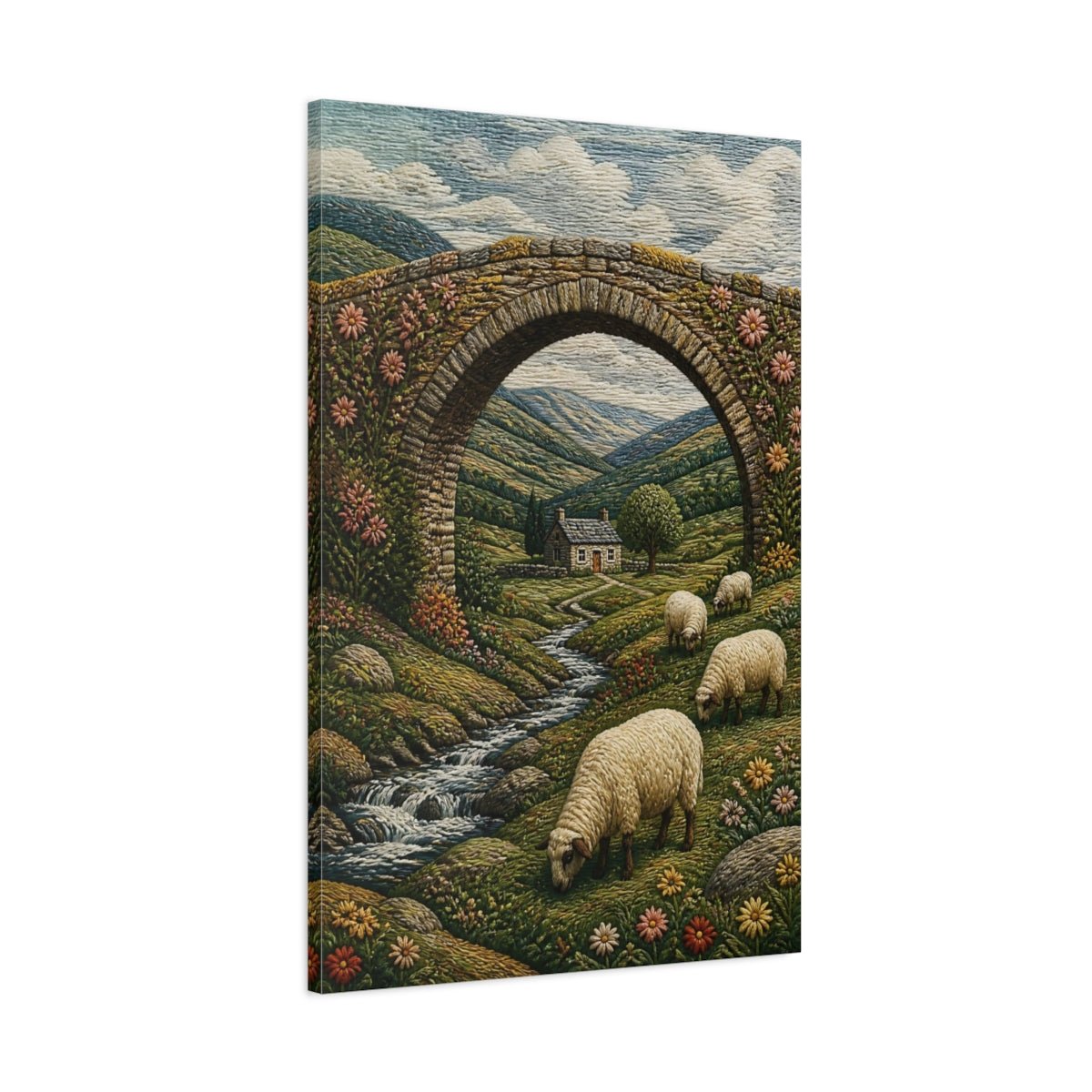 Embroidered Textile Landscape Illusion Sheep On Canvas Wall Art Print – Textured Living Room, Above Console Table - YesArtYes