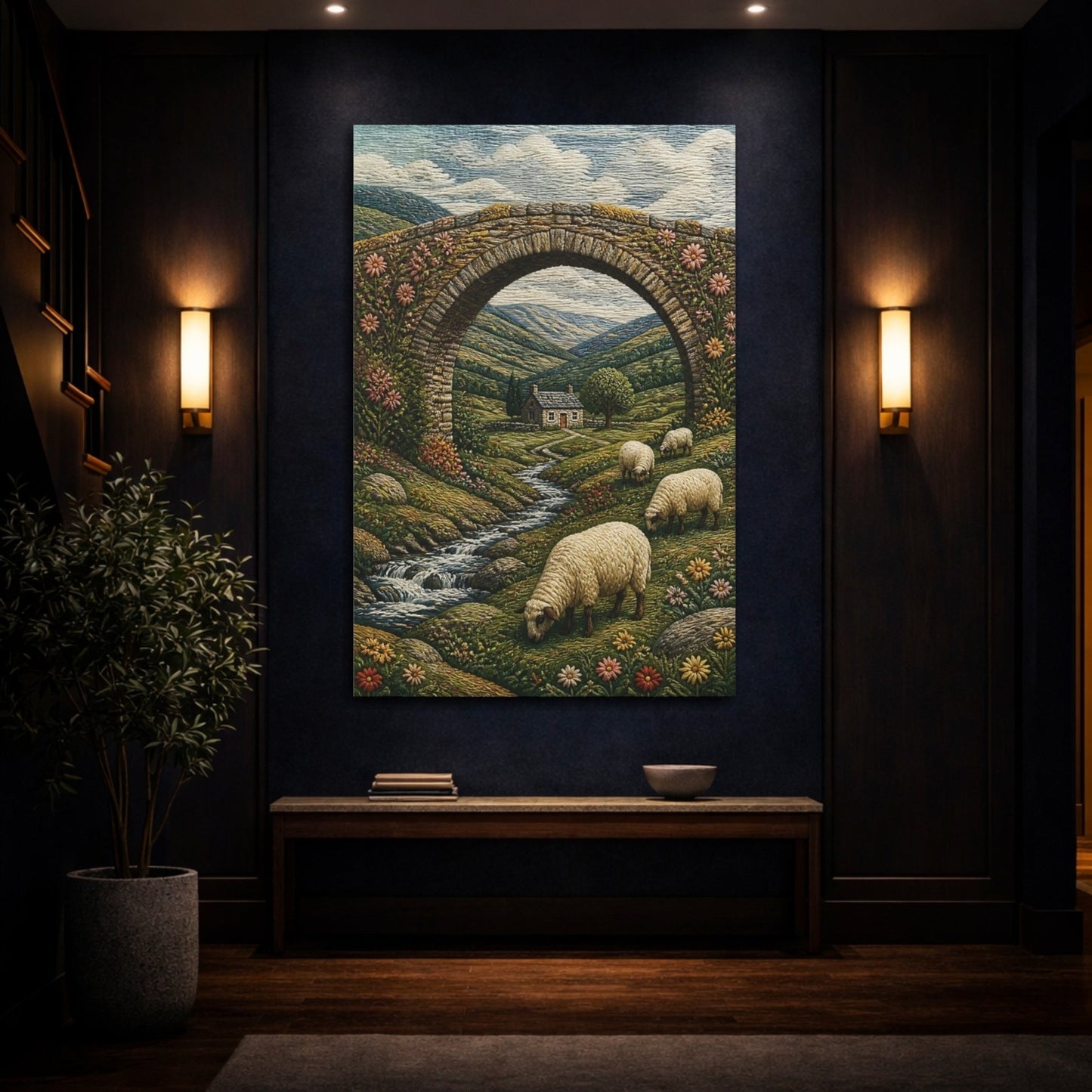 Embroidered Textile Landscape Illusion Sheep On Canvas Wall Art Print – Textured Living Room, Above Console Table - YesArtYes