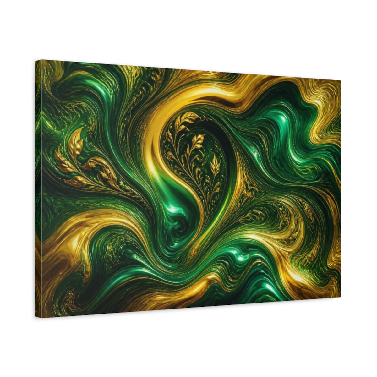 Side Mockup 2. Emerald Gold Currents shown as canvas print