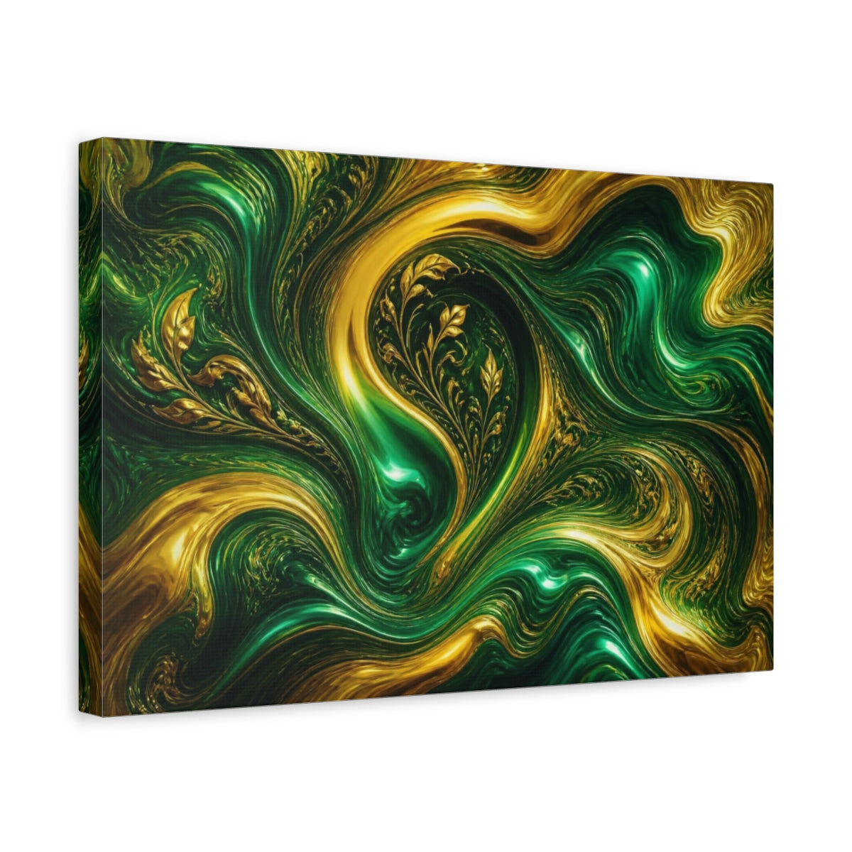 Side Mockup 4. Emerald Gold Currents shown as canvas print
