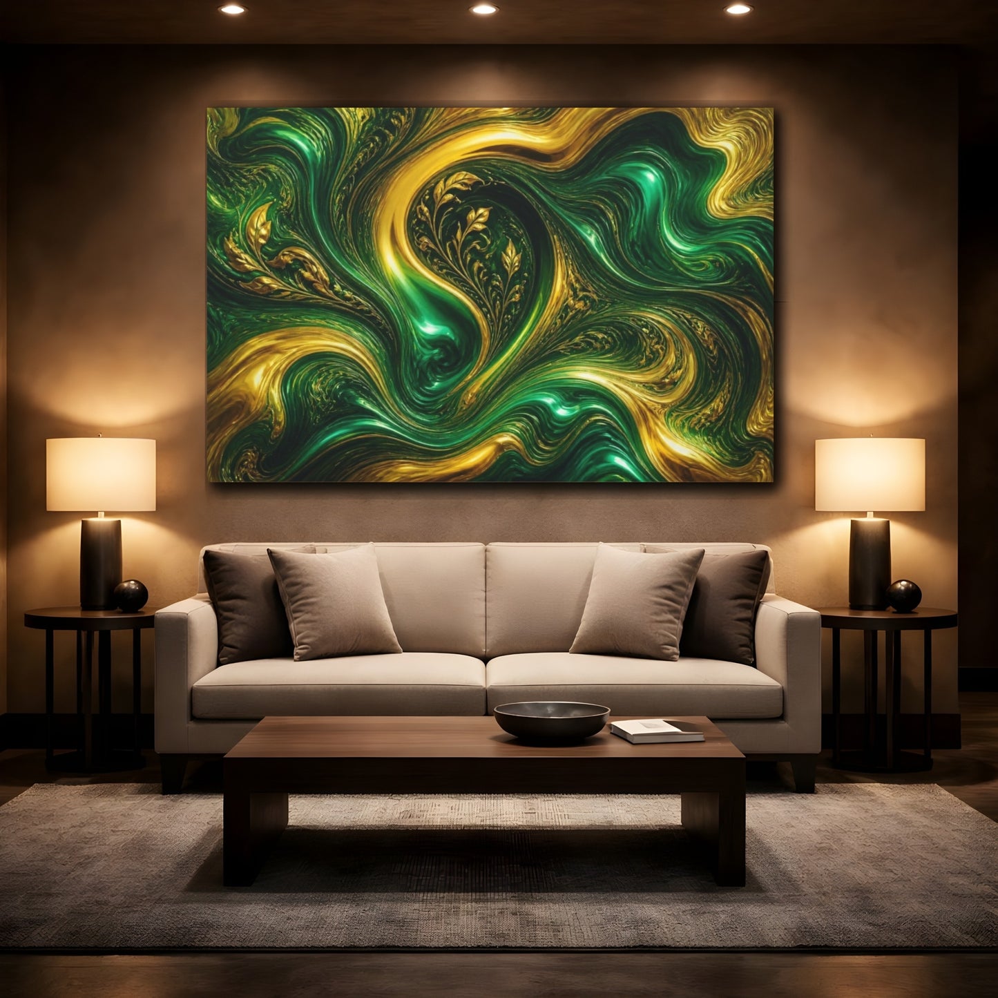 Mockup 2. Emerald Gold Currents shown as canvas print