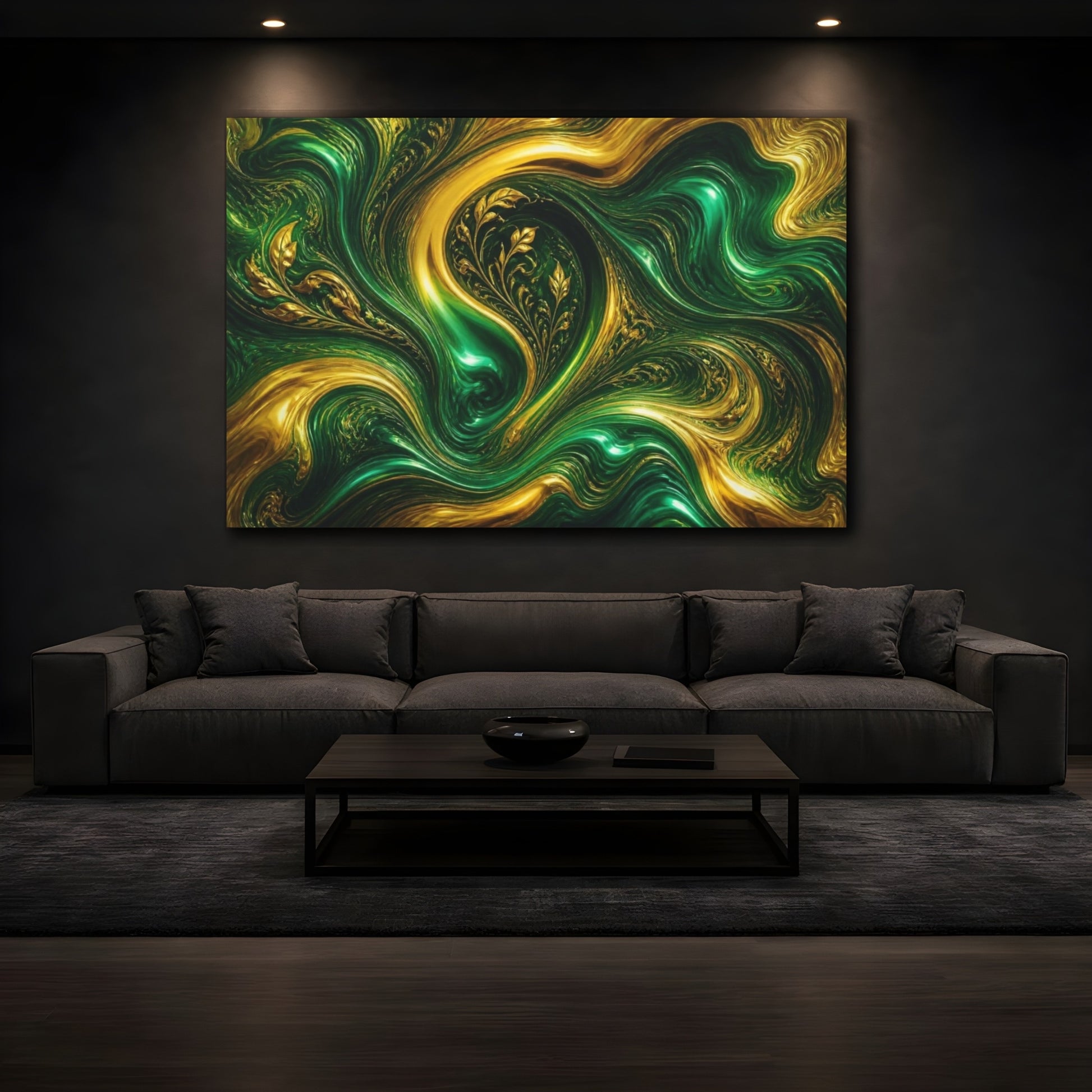 Mockup 3. Emerald Gold Currents shown as canvas print