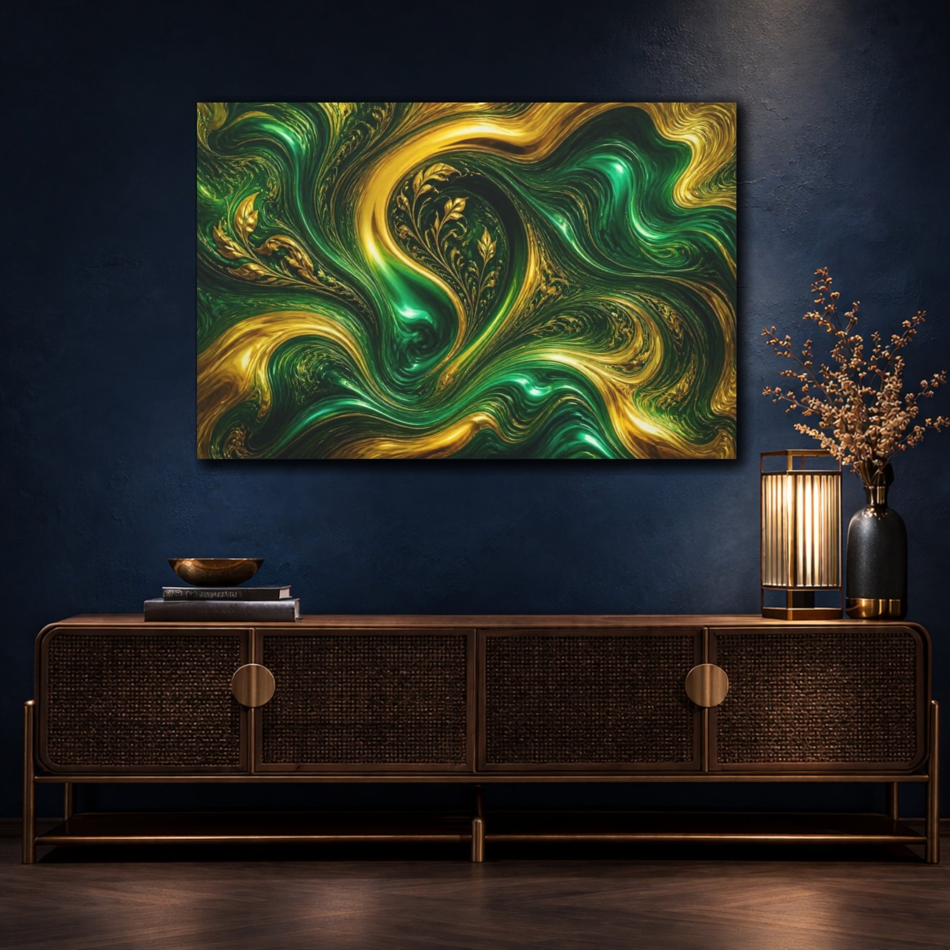 Mockup 4. Emerald Gold Currents shown as canvas print