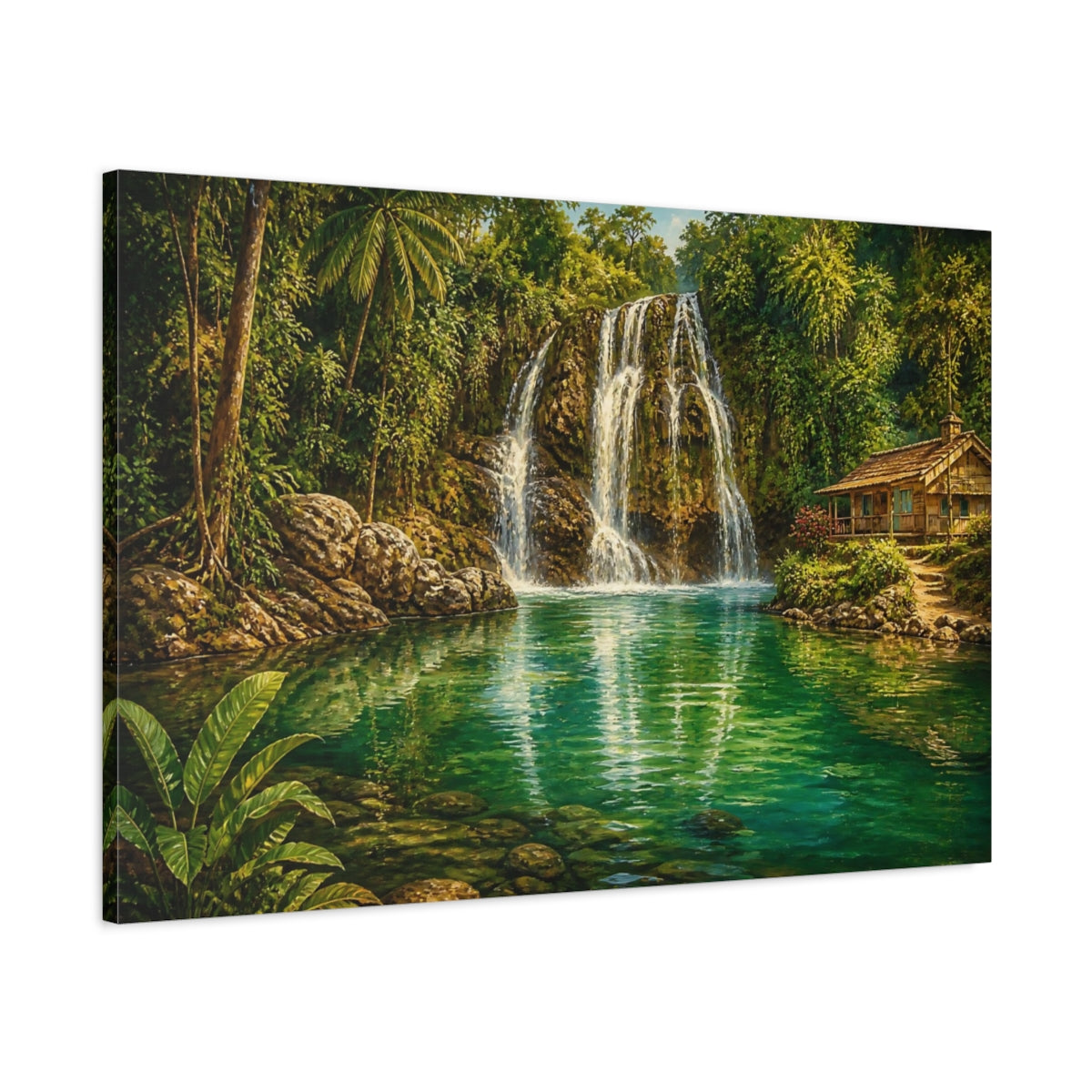 Main Mockup. Emerald Jungle Waterfall Cottage shown as canvas print