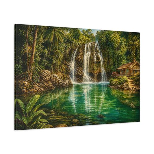 Main Mockup. Emerald Jungle Waterfall Cottage shown as canvas print