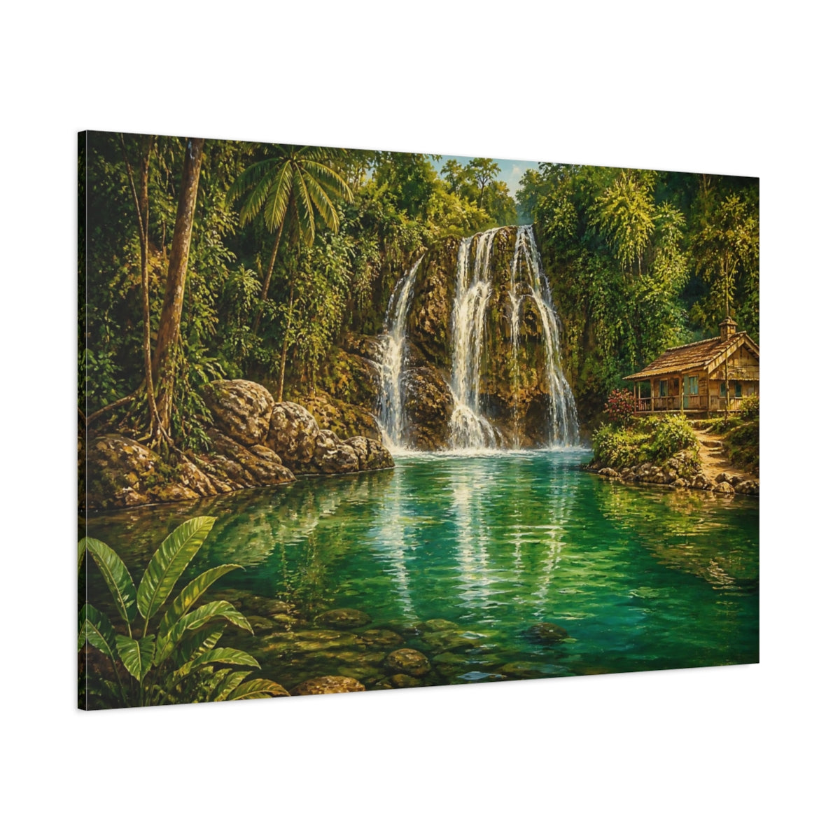 Side Mockup 1. Emerald Jungle Waterfall Cottage shown as canvas print