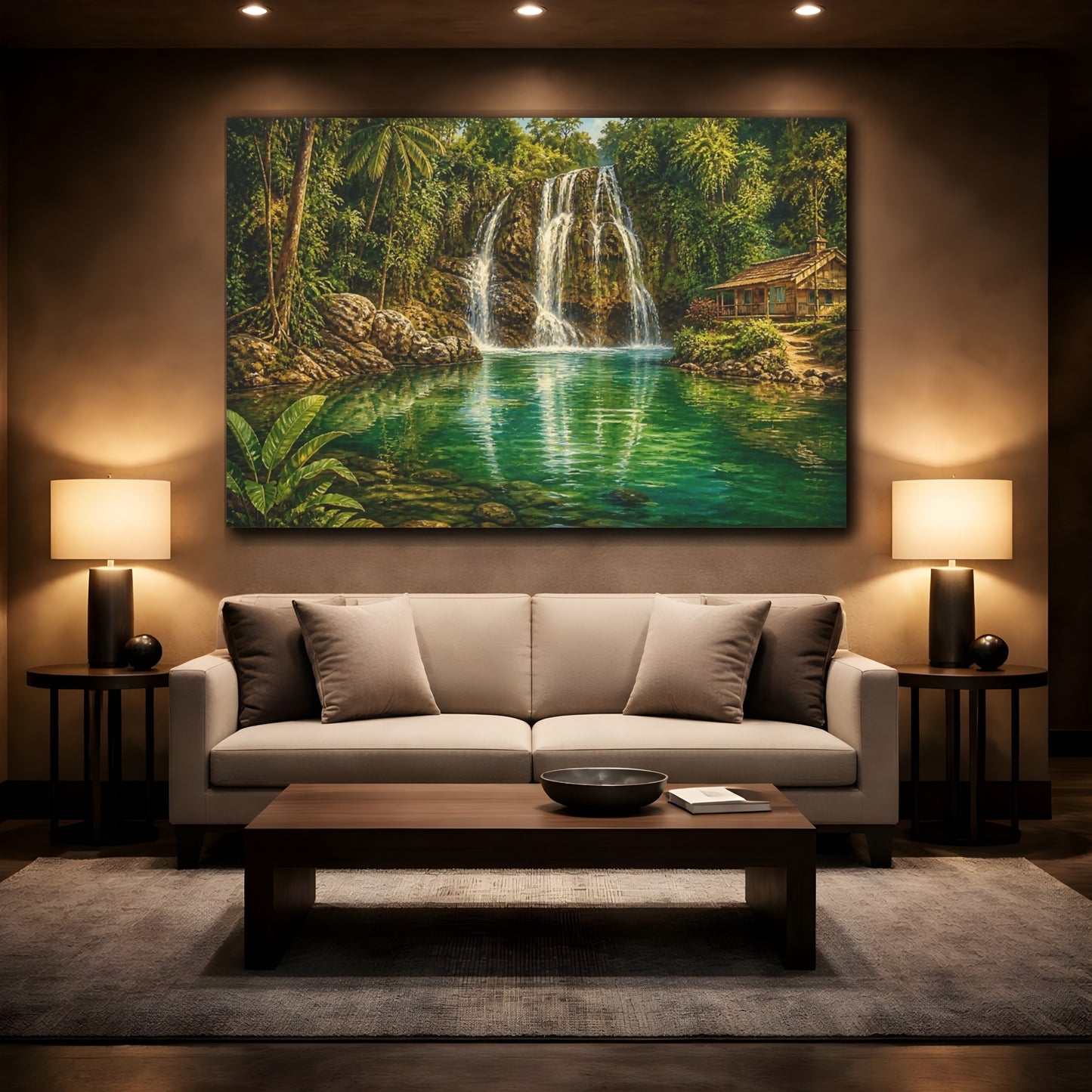 Mockup 2. Emerald Jungle Waterfall Cottage shown as canvas print