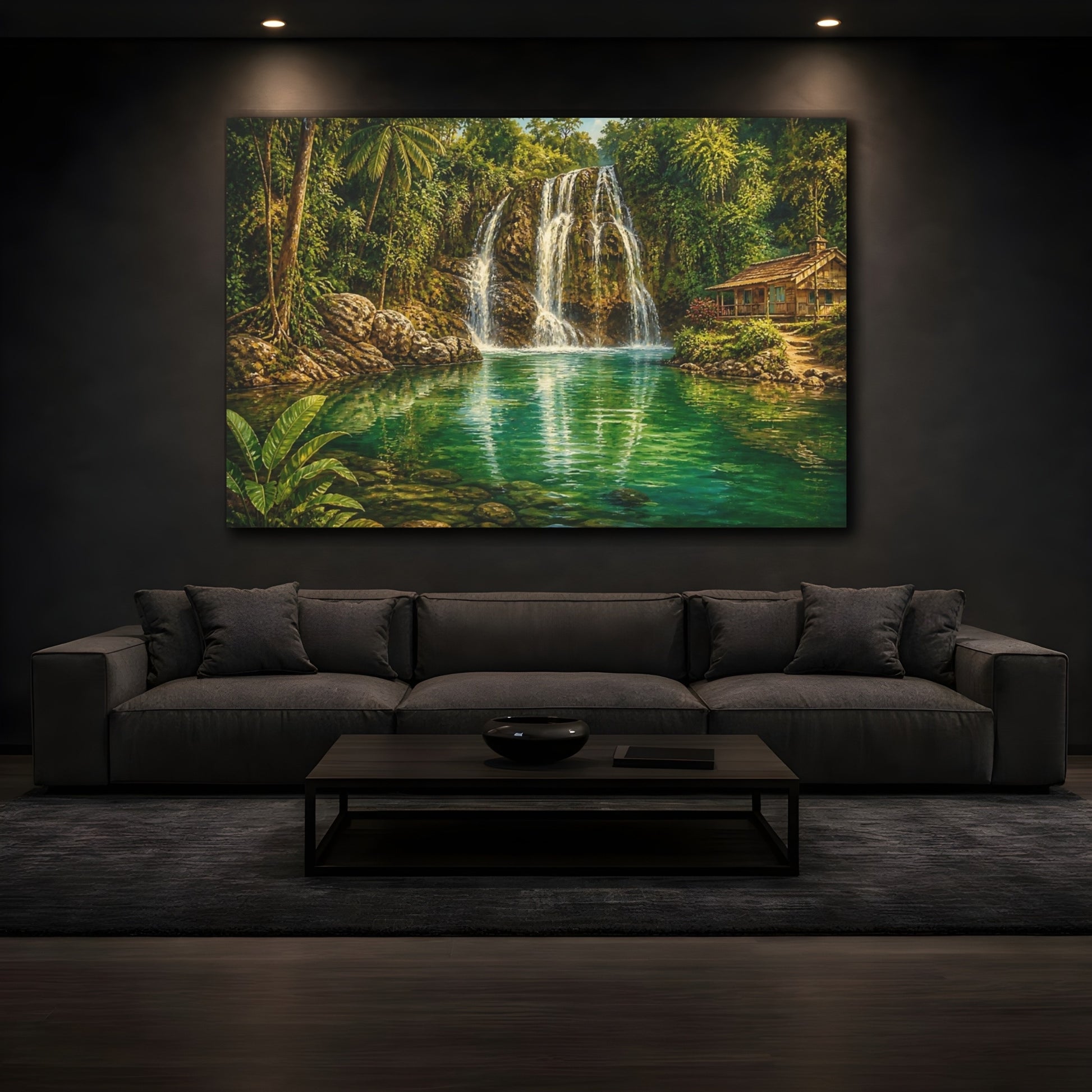 Mockup 3. Emerald Jungle Waterfall Cottage shown as canvas print