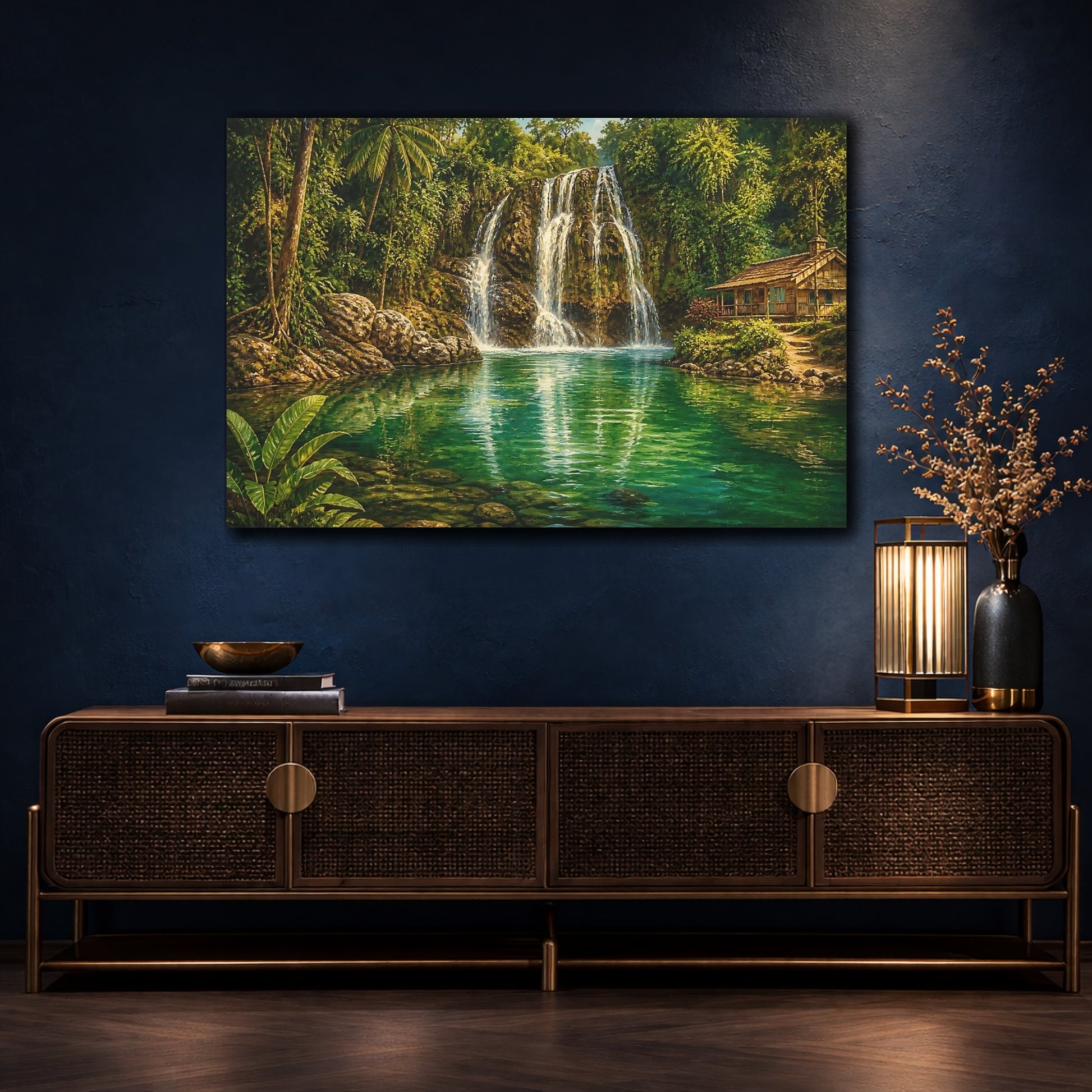 Mockup 4. Emerald Jungle Waterfall Cottage shown as canvas print