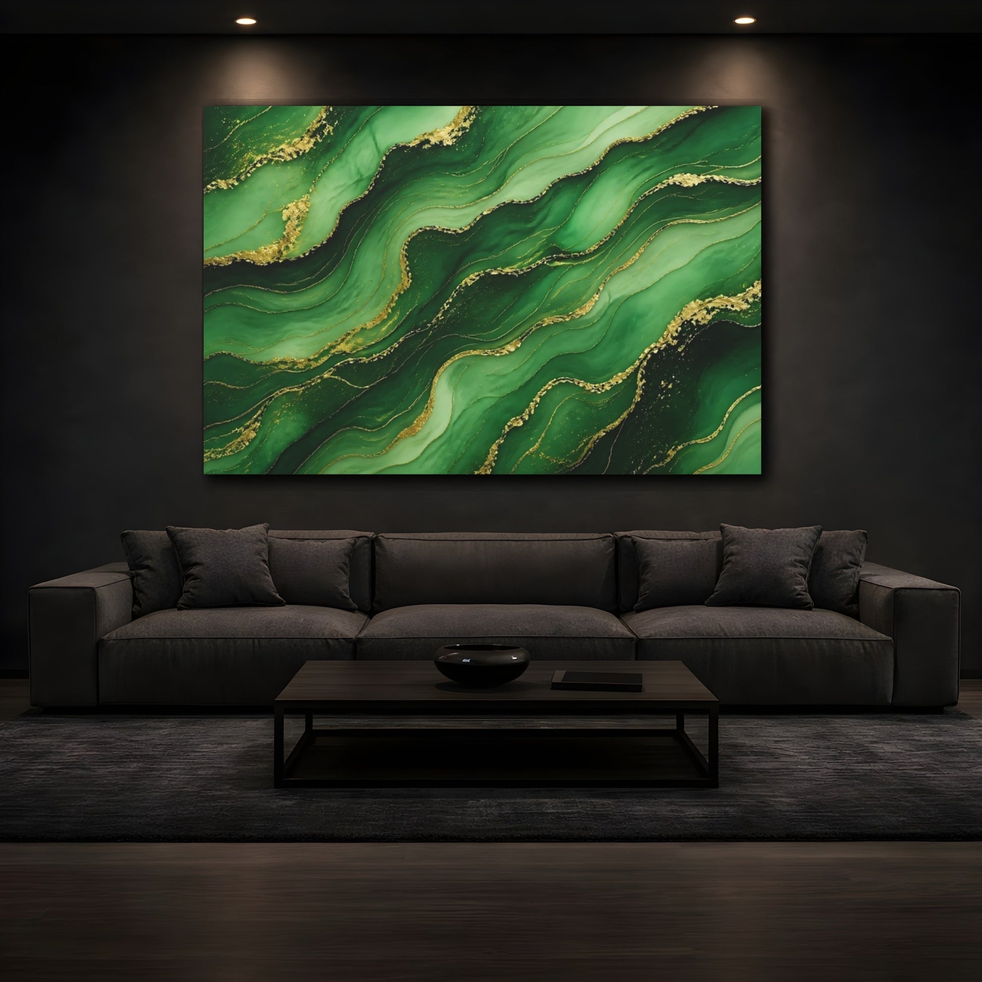 Mockup 3. Emerald Marble With Gold Veins shown as canvas print