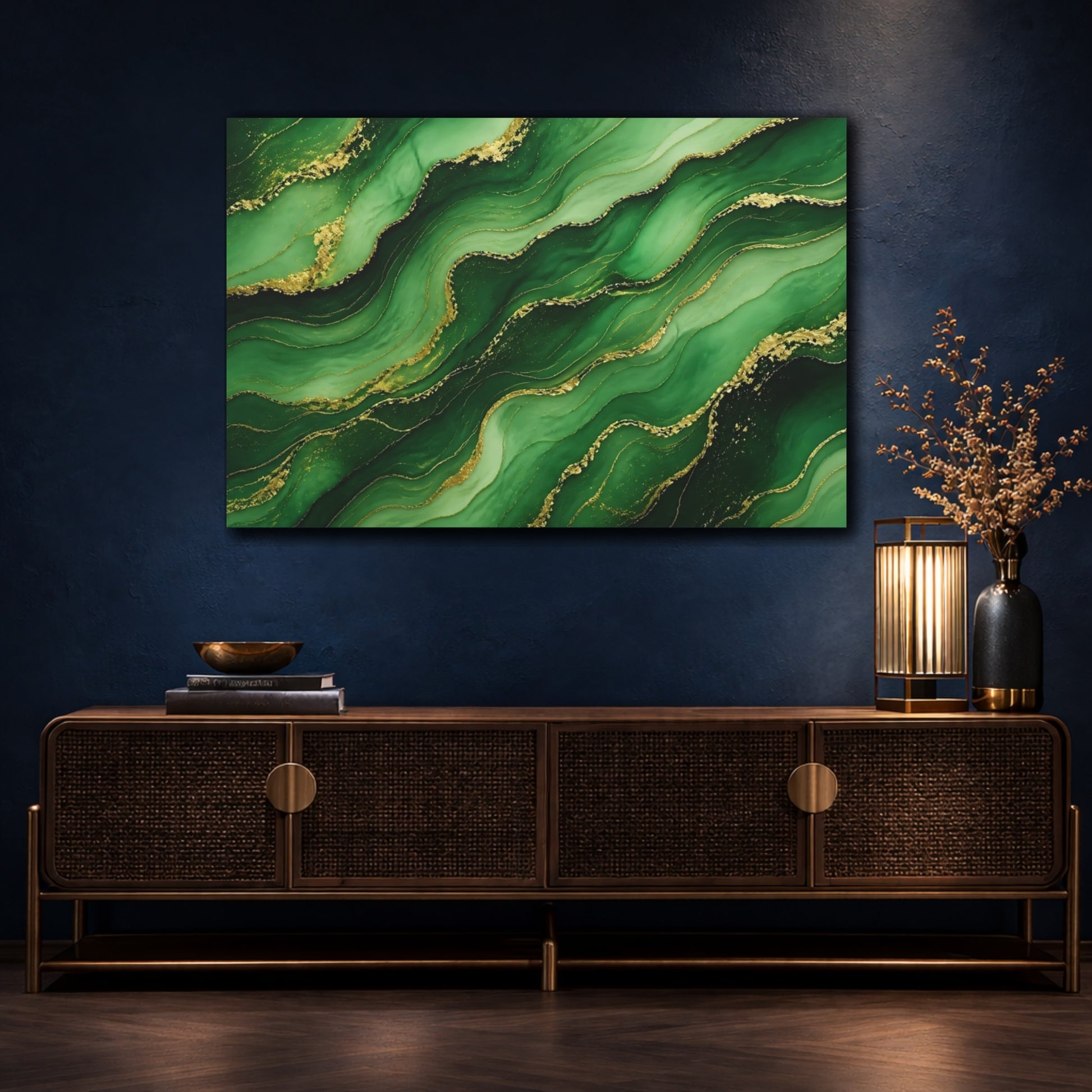 Mockup 4. Emerald Marble With Gold Veins shown as canvas print
