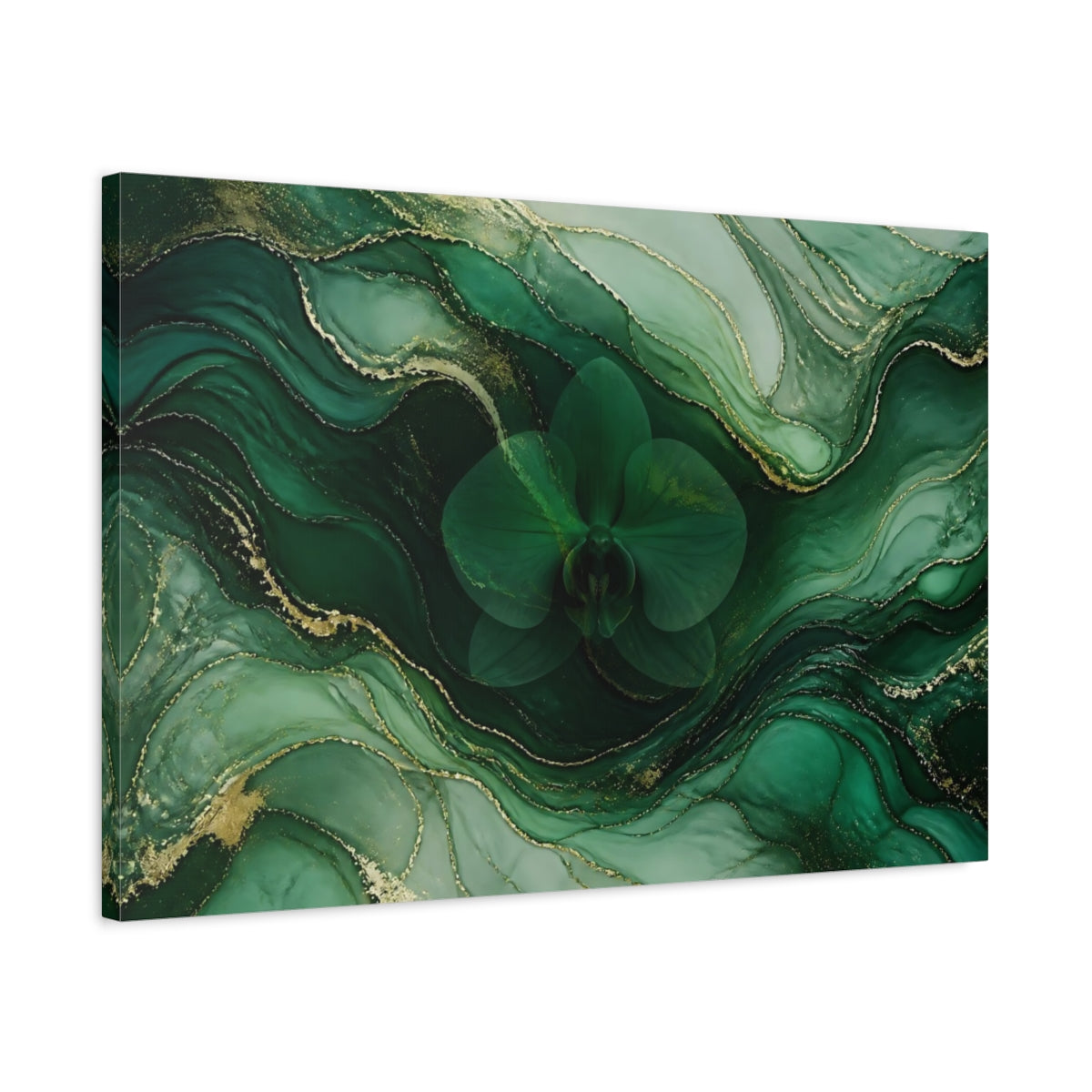 Side Mockup 2. Emerald Orchid Marble shown as canvas print