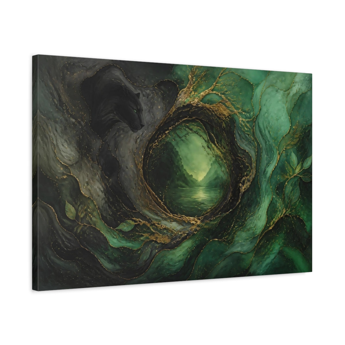 Side Mockup 2. Emerald Panther Portal shown as canvas print
