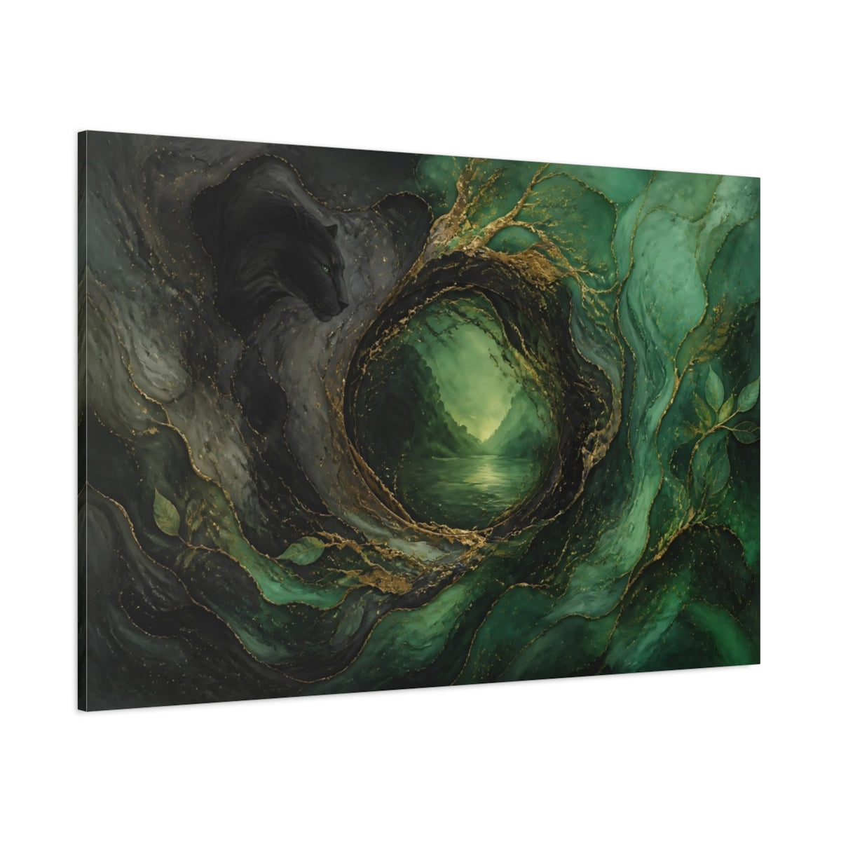 Side Mockup 1. Emerald Panther Portal shown as canvas print