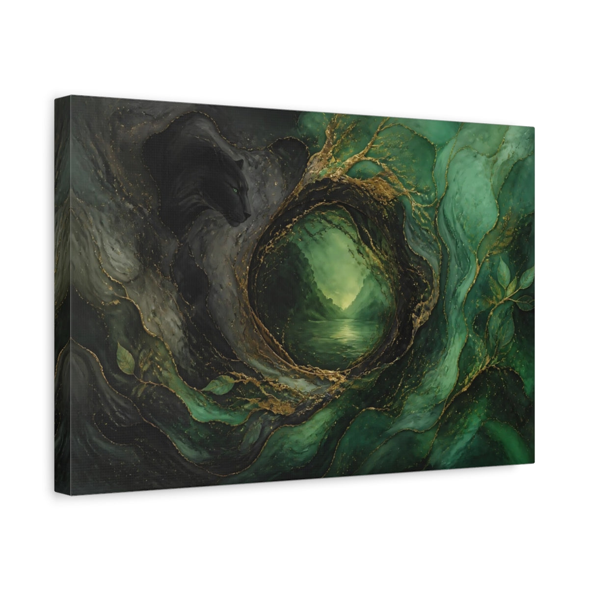 Side Mockup 4. Emerald Panther Portal shown as canvas print