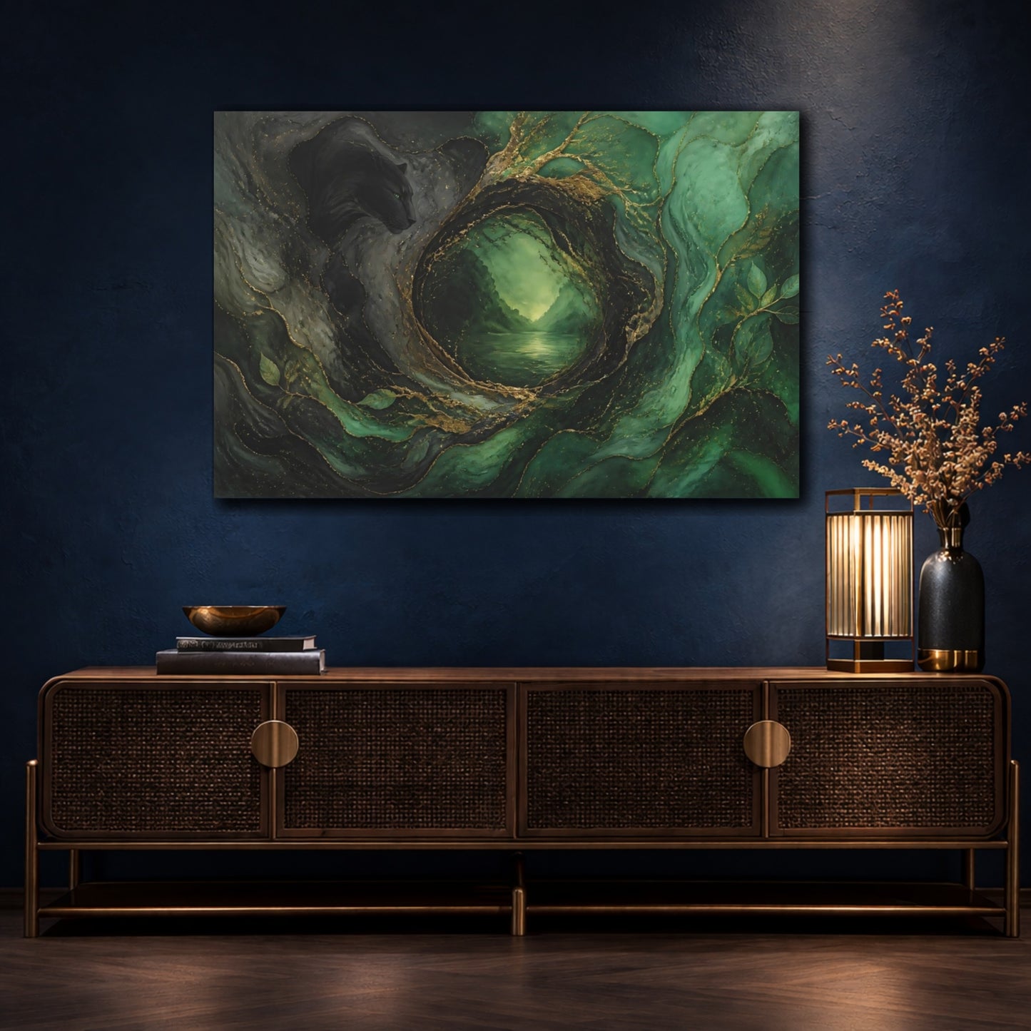 Mockup 4. Emerald Panther Portal shown as canvas print