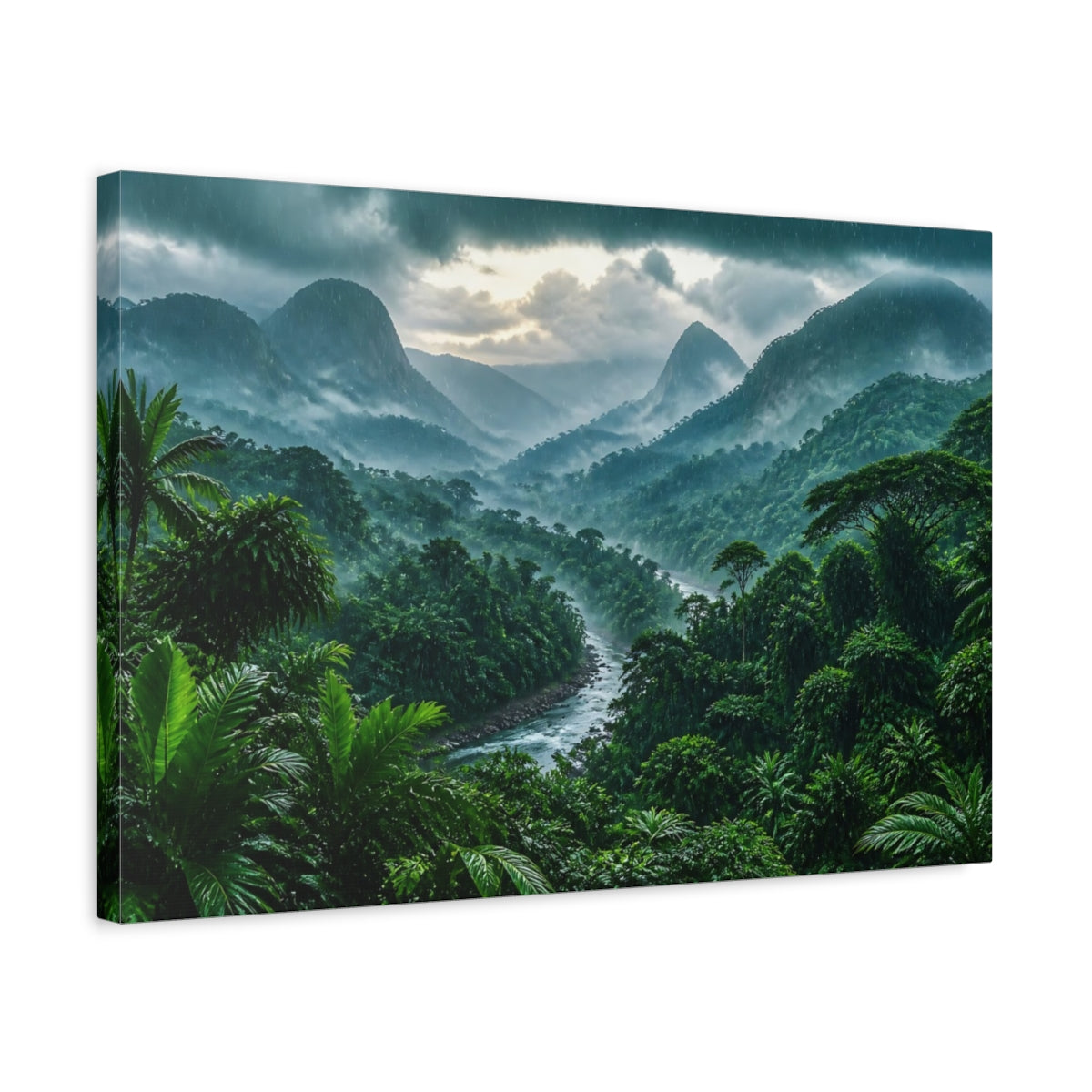 Side Mockup 3. Emerald Rainforest Landscape shown as canvas print