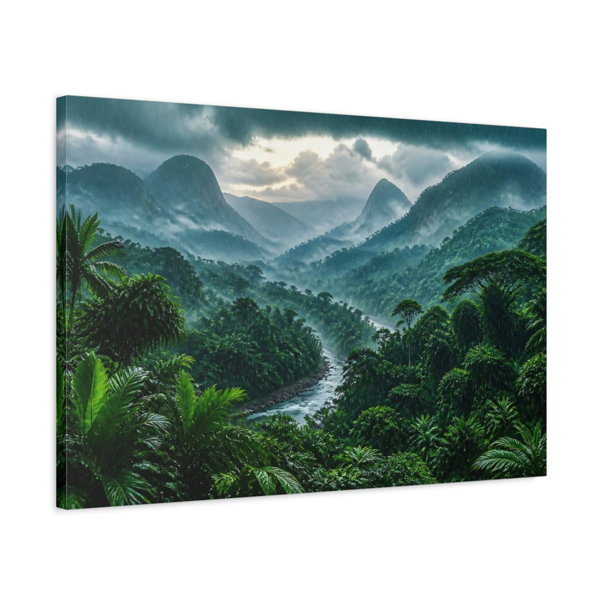 Side Mockup 2. Emerald Rainforest Landscape shown as canvas print