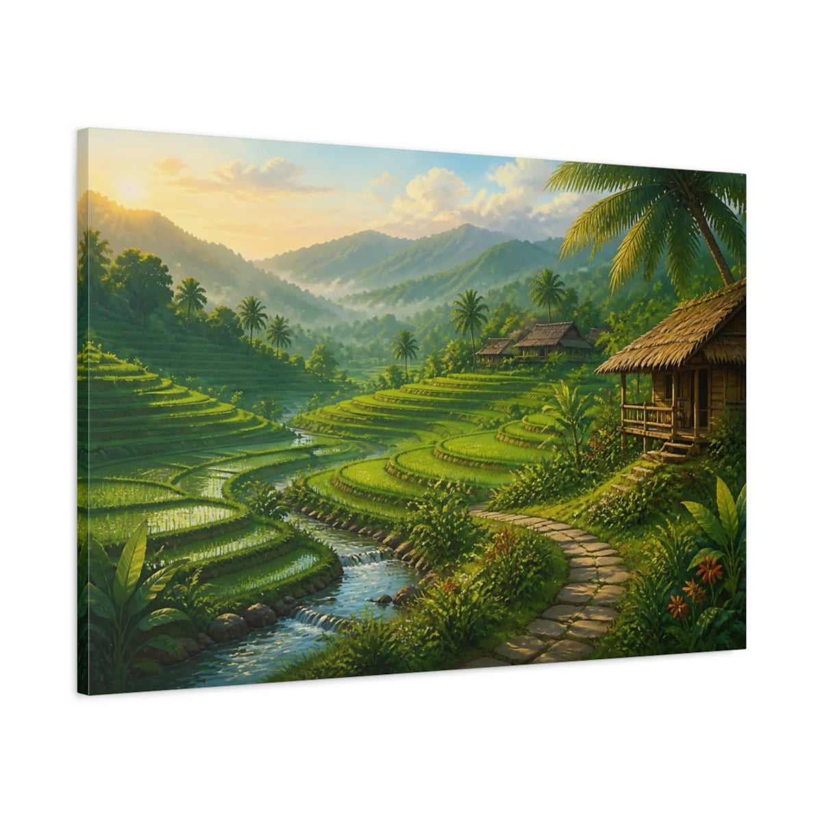 Main Mockup. Emerald Rice Terraces At Dawn shown as canvas print