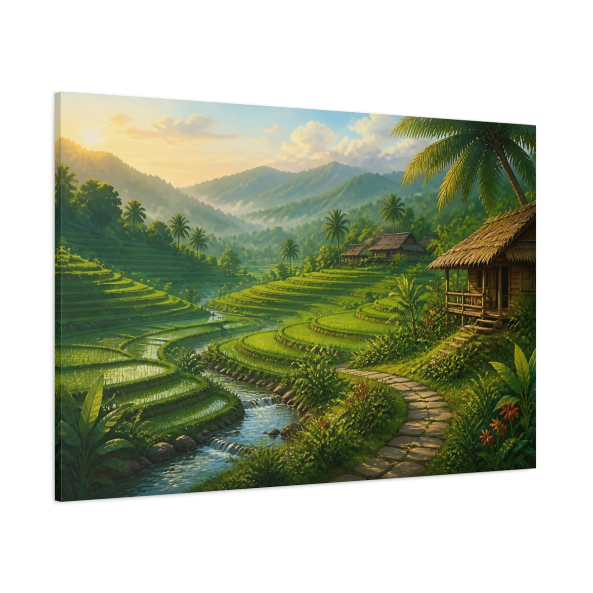 Side Mockup 1. Emerald Rice Terraces At Dawn shown as canvas print