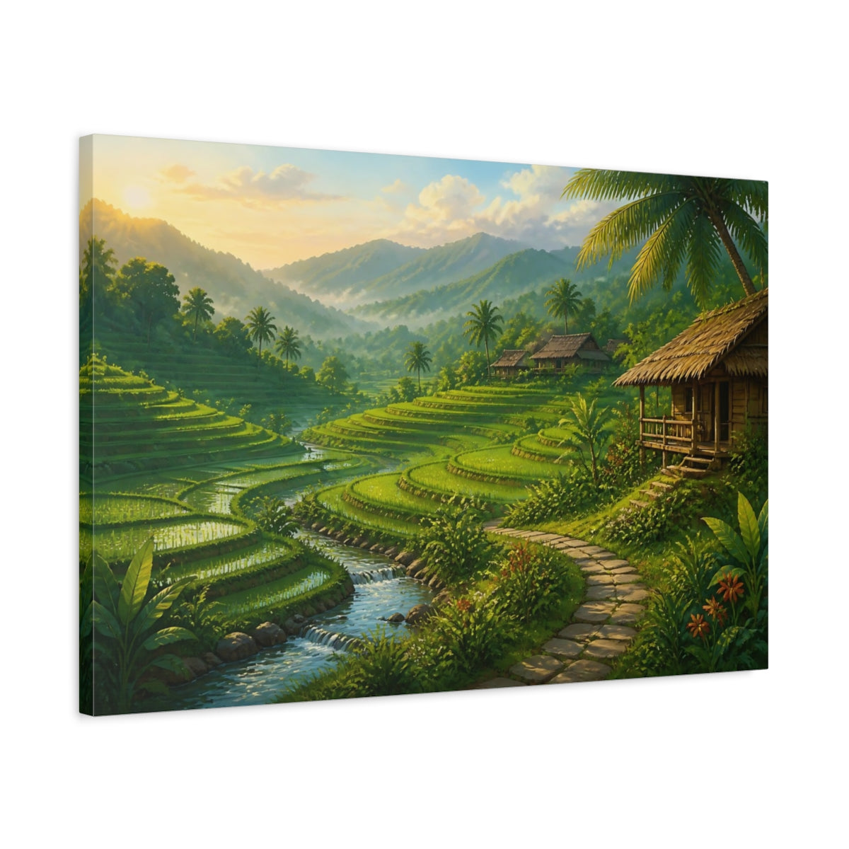 Side Mockup 2. Emerald Rice Terraces At Dawn shown as canvas print
