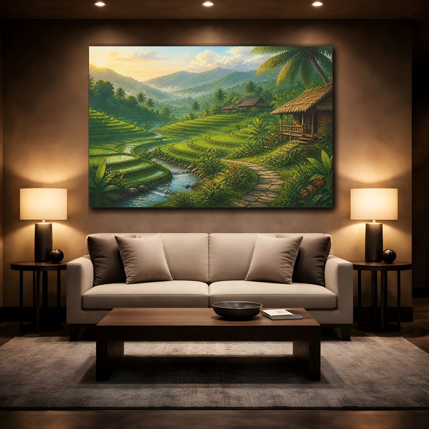 Mockup 2. Emerald Rice Terraces At Dawn shown as canvas print