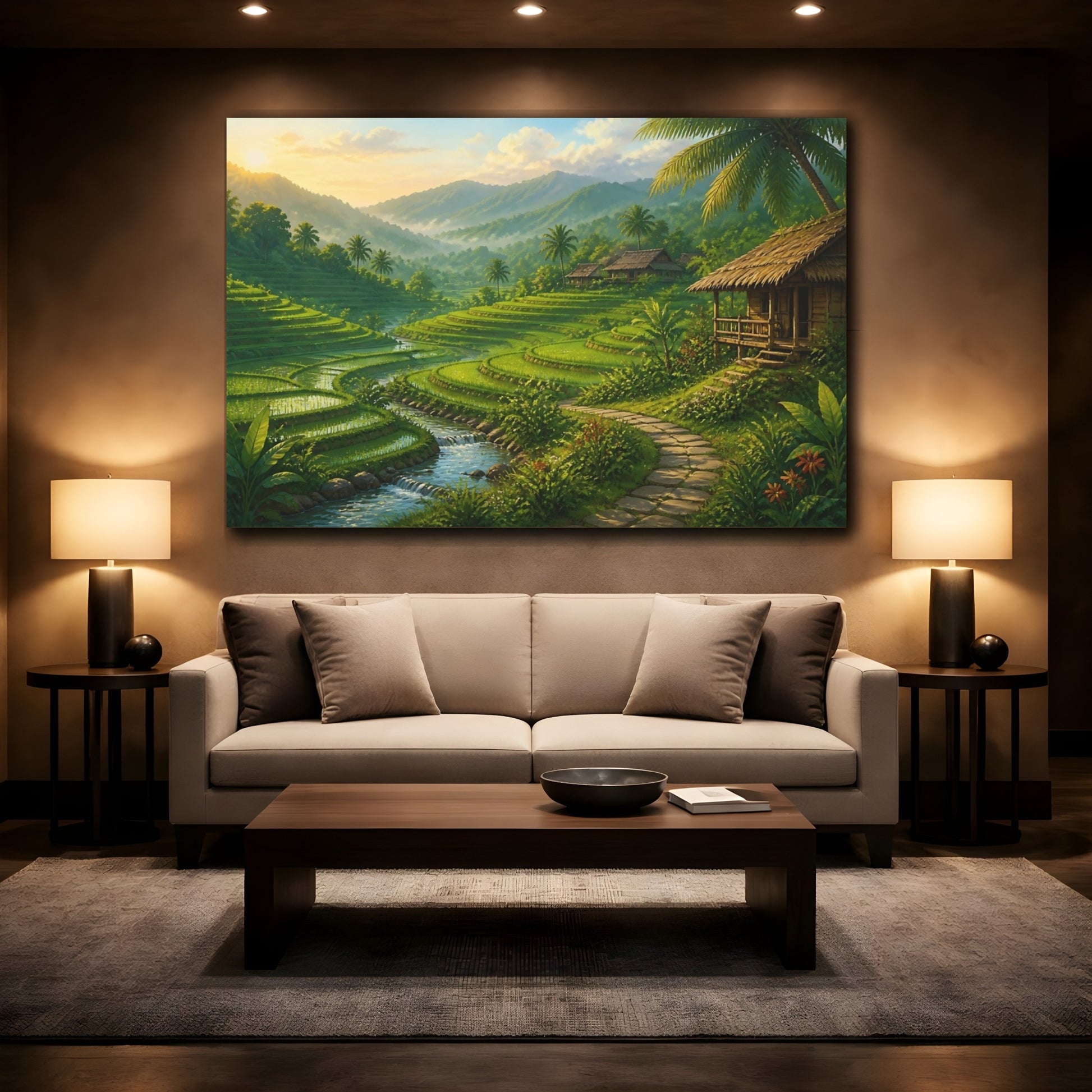 Mockup 2. Emerald Rice Terraces At Dawn shown as canvas print
