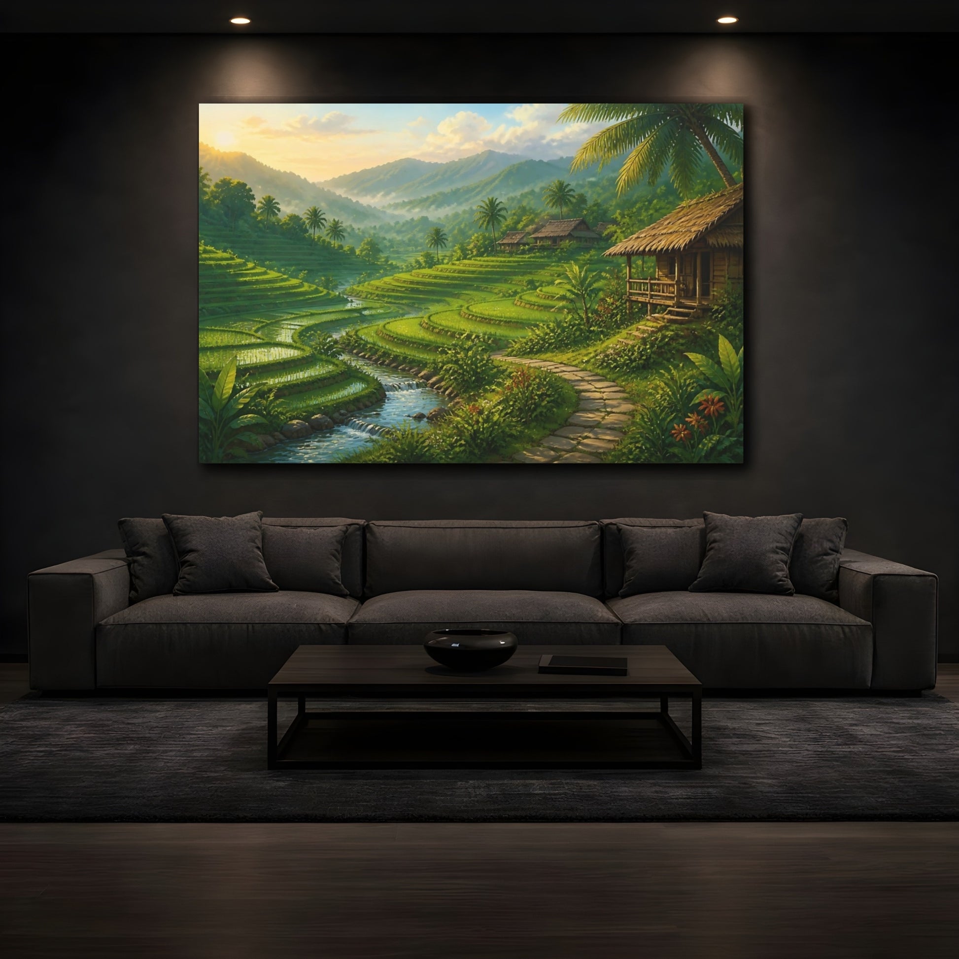 Mockup 3. Emerald Rice Terraces At Dawn shown as canvas print