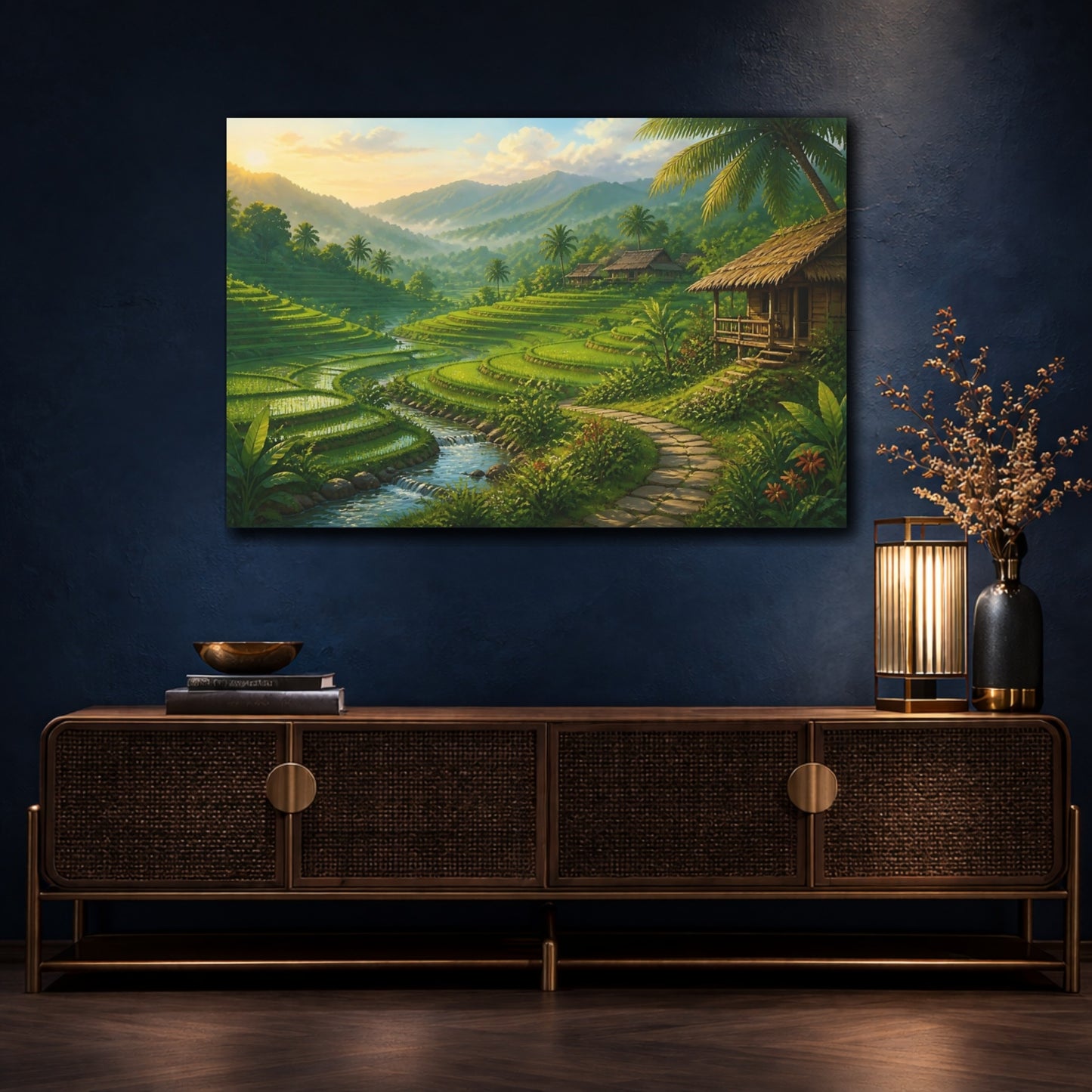 Mockup 4. Emerald Rice Terraces At Dawn shown as canvas print