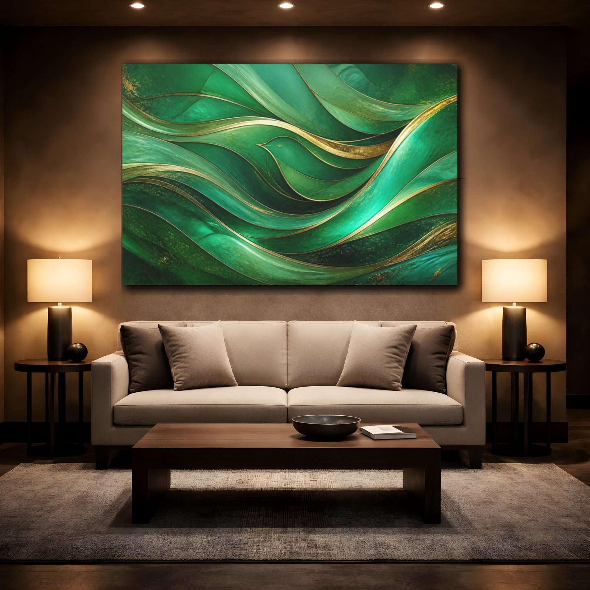 Mockup 2. Emerald Wave With Bird shown as canvas print