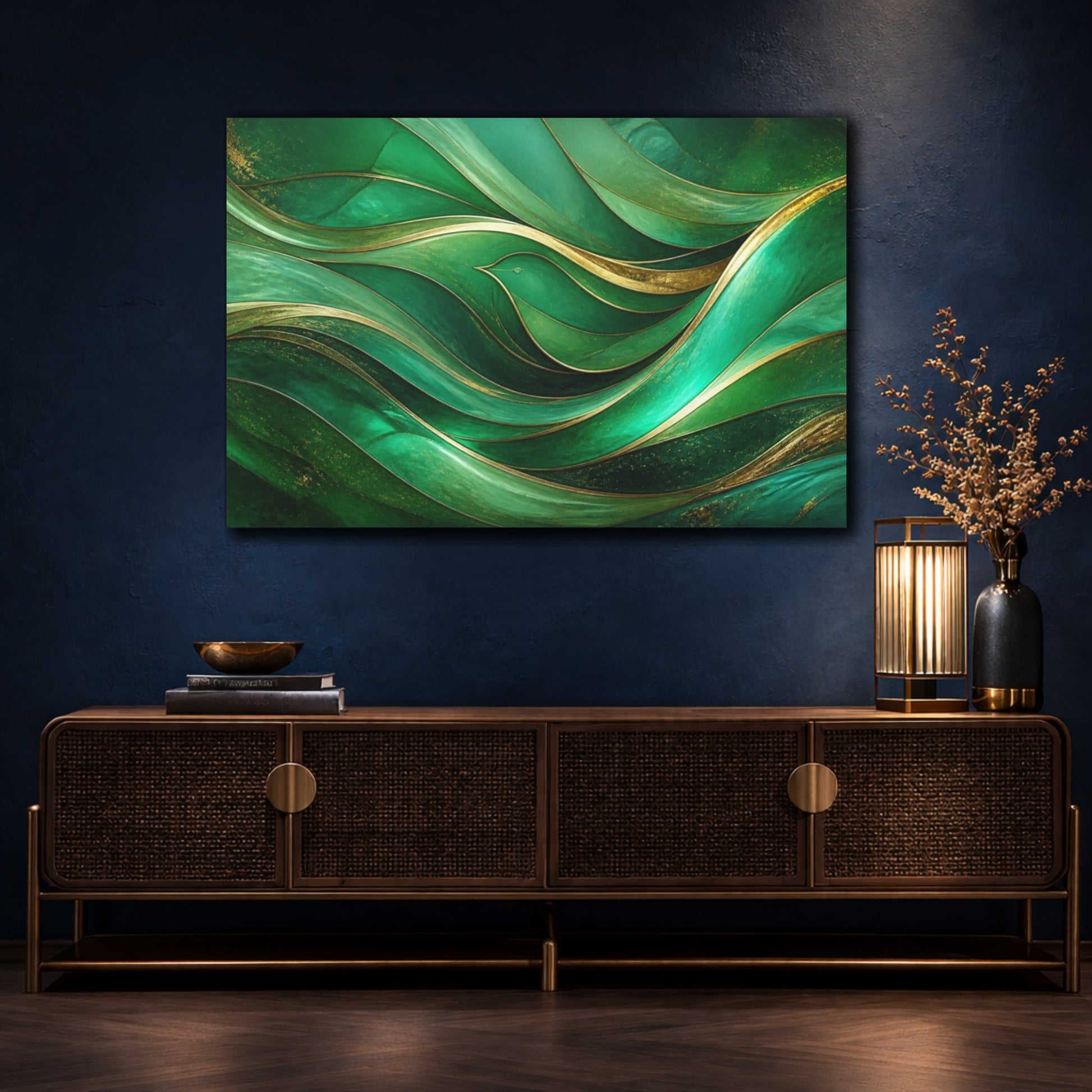Mockup 4. Emerald Wave With Bird shown as canvas print