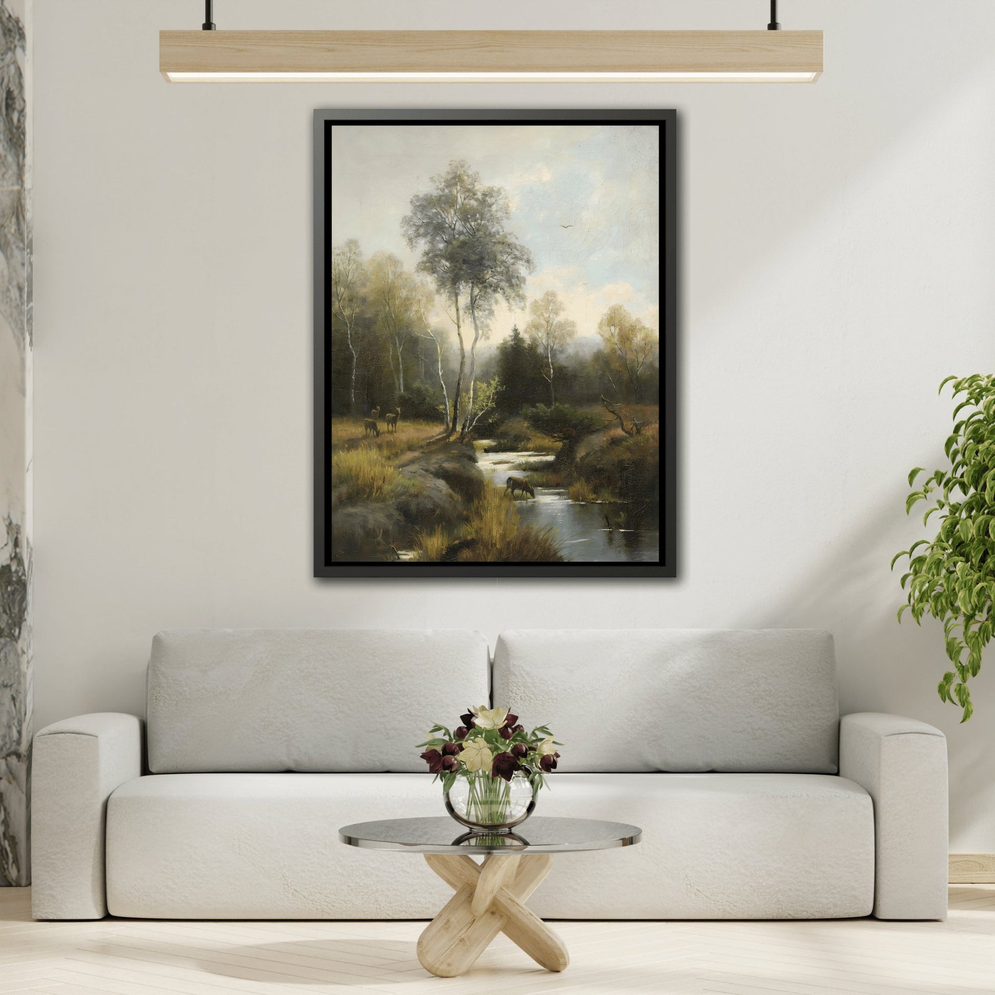 Emilie Mediz Pelikan Wooded Landscape - Framed Canvas Wall Art Print in Black Frame