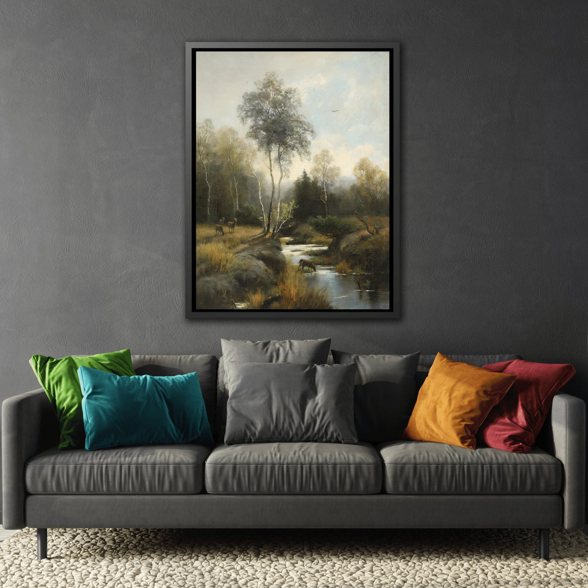 Emilie Mediz Pelikan Wooded Landscape - Framed Canvas Wall Art Print in Black Frame