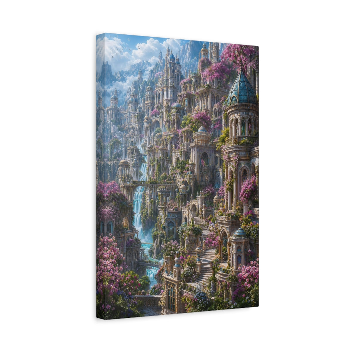 Side Mockup 4. Enchanted Blossom City shown as canvas print