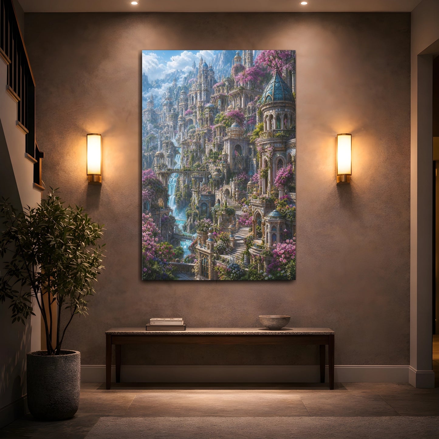 Mockup 2. Enchanted Blossom City shown as canvas print