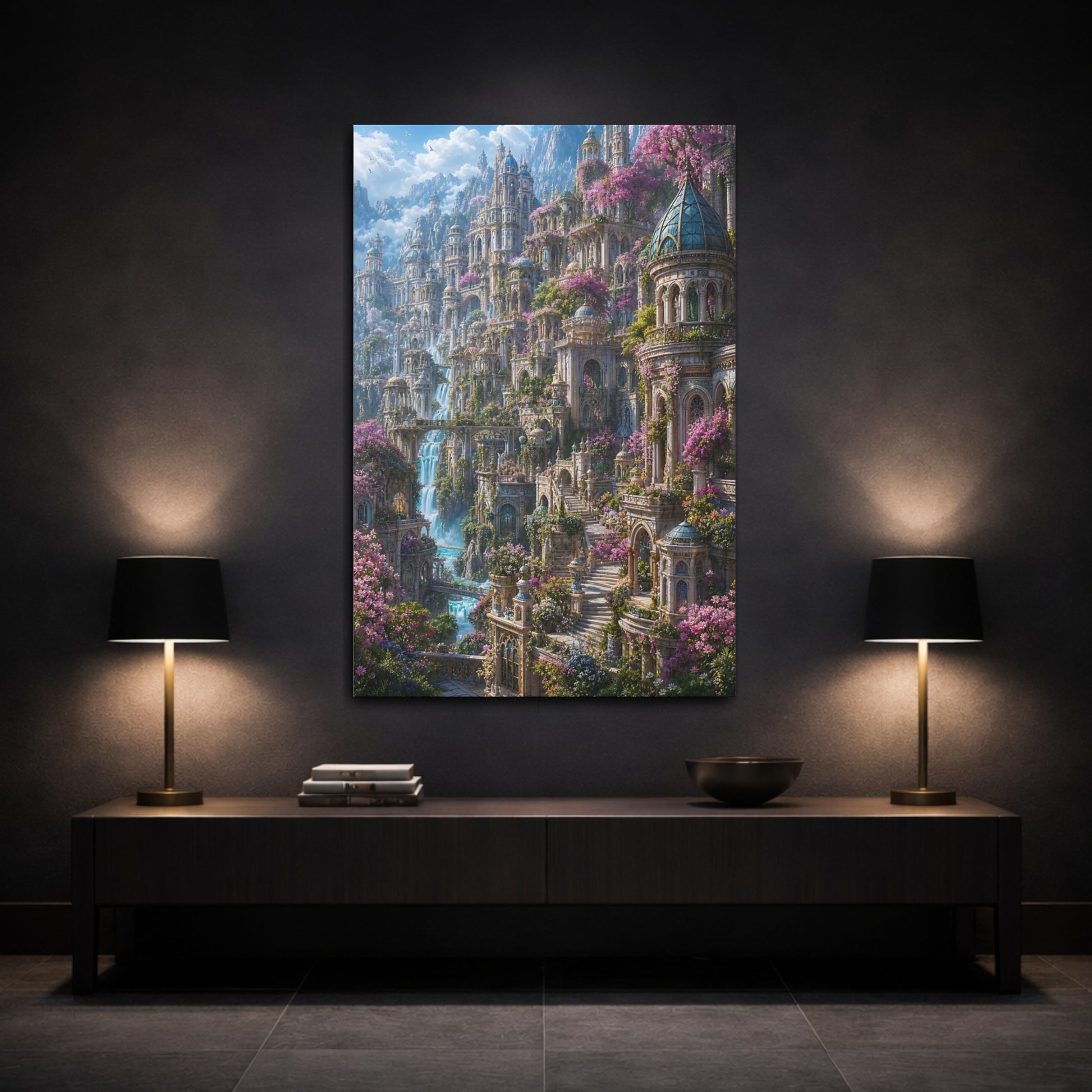 Mockup 3. Enchanted Blossom City shown as canvas print