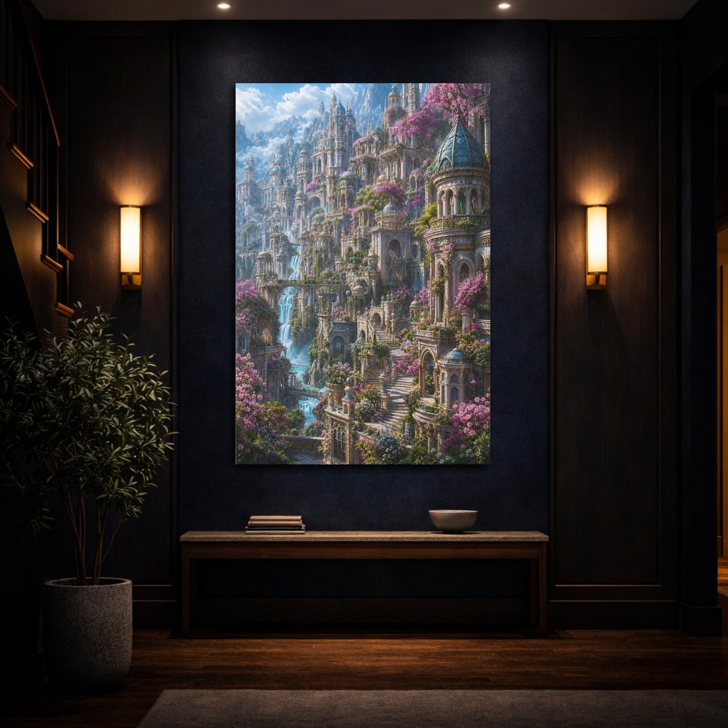 Mockup 4. Enchanted Blossom City shown as canvas print
