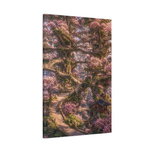 Main Mockup. Enchanted Cherry Blossom Tree City shown as canvas print