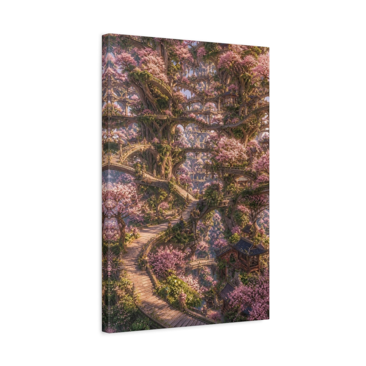 Side Mockup 3. Enchanted Cherry Blossom Tree City shown as canvas print