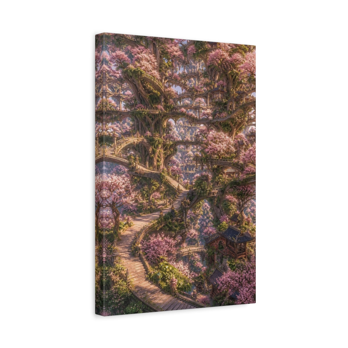 Side Mockup 4. Enchanted Cherry Blossom Tree City shown as canvas print