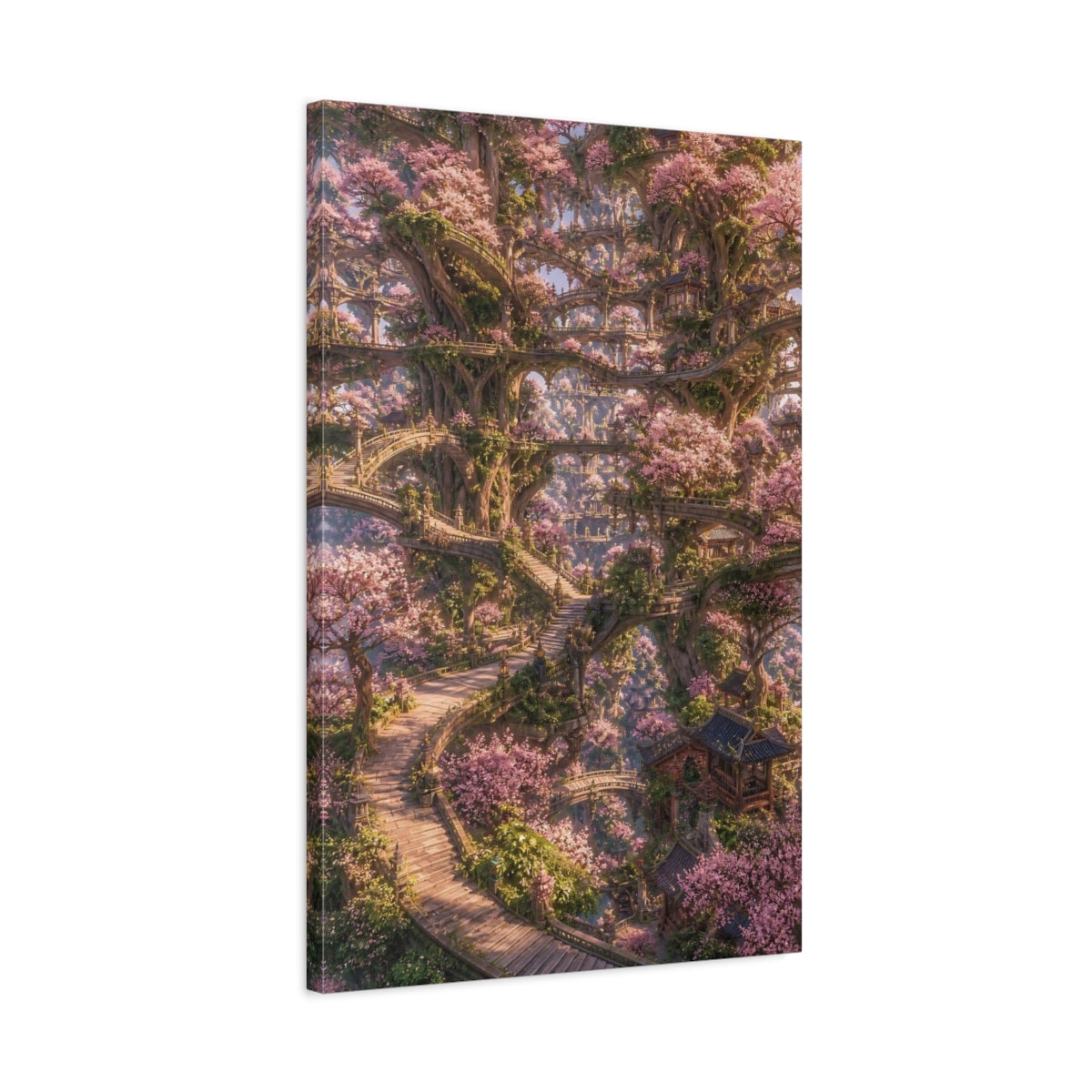 Side Mockup 2. Enchanted Cherry Blossom Tree City shown as canvas print