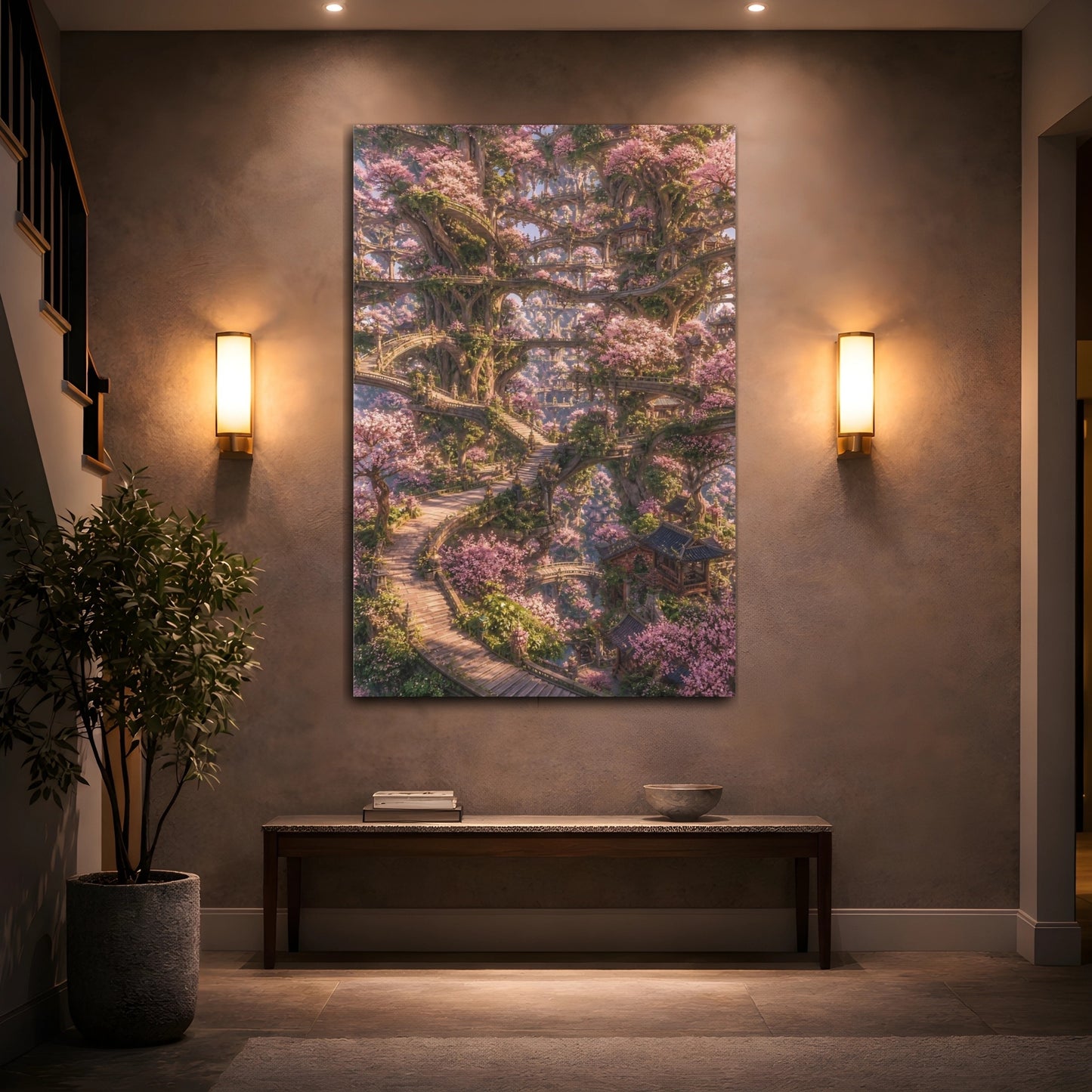 Mockup 2. Enchanted Cherry Blossom Tree City shown as canvas print