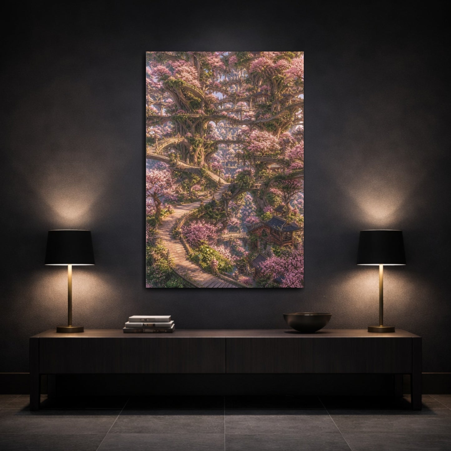 Mockup 3. Enchanted Cherry Blossom Tree City shown as canvas print