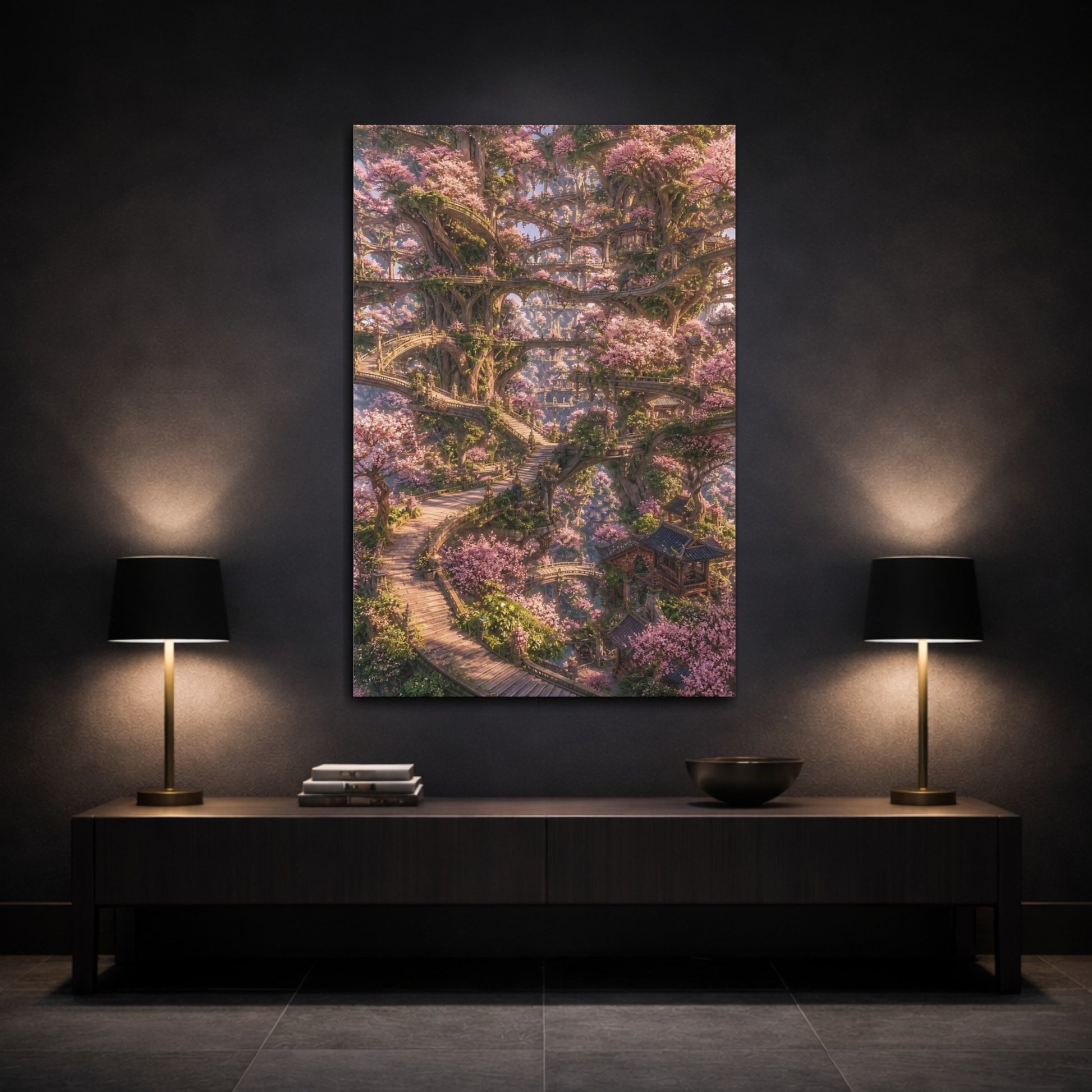 Mockup 3. Enchanted Cherry Blossom Tree City shown as canvas print