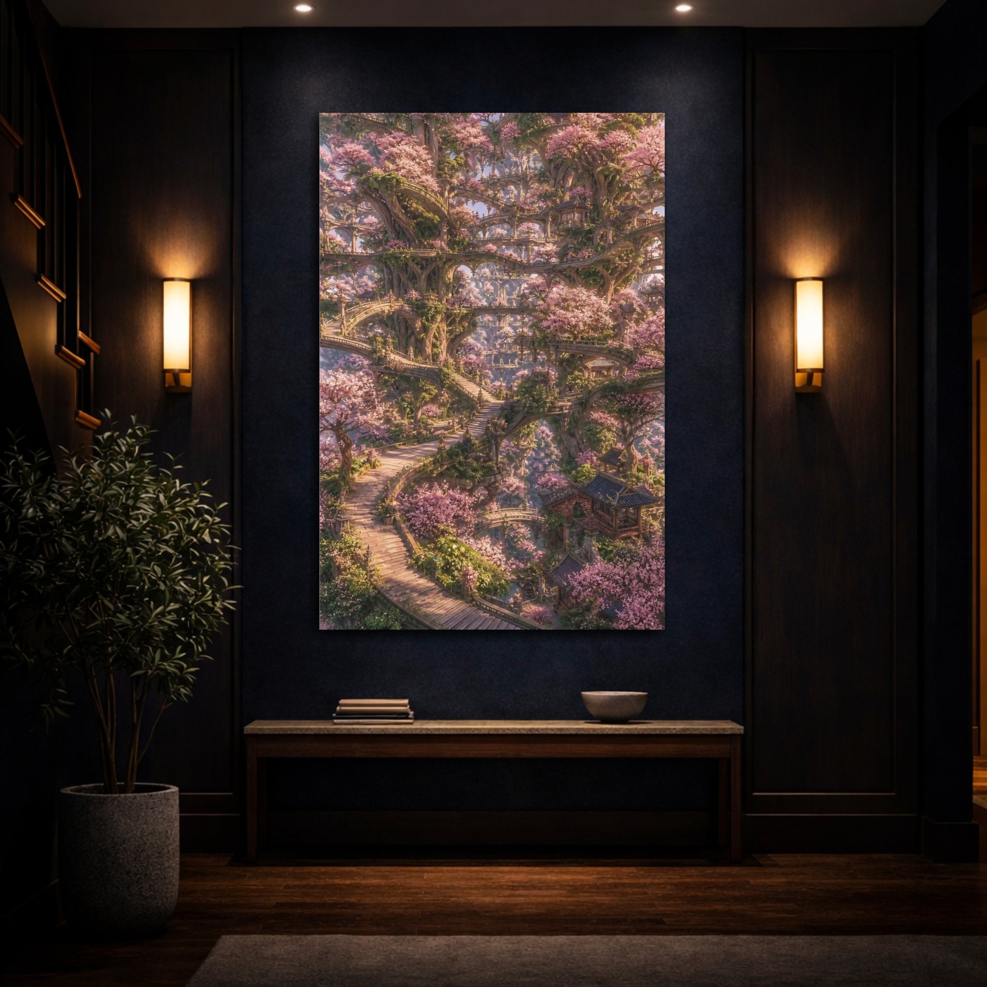 Mockup 4. Enchanted Cherry Blossom Tree City shown as canvas print