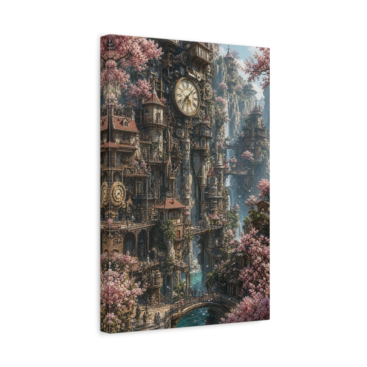 Side Mockup 4. Enchanted Clockwork City shown as canvas print