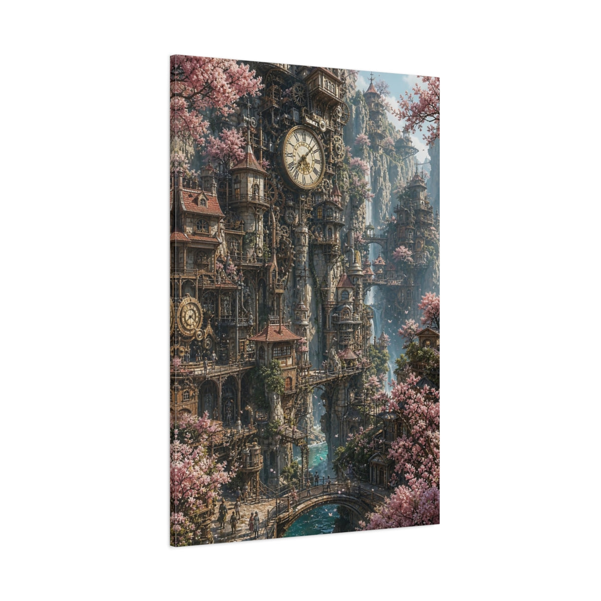 Side Mockup 1. Enchanted Clockwork City shown as canvas print