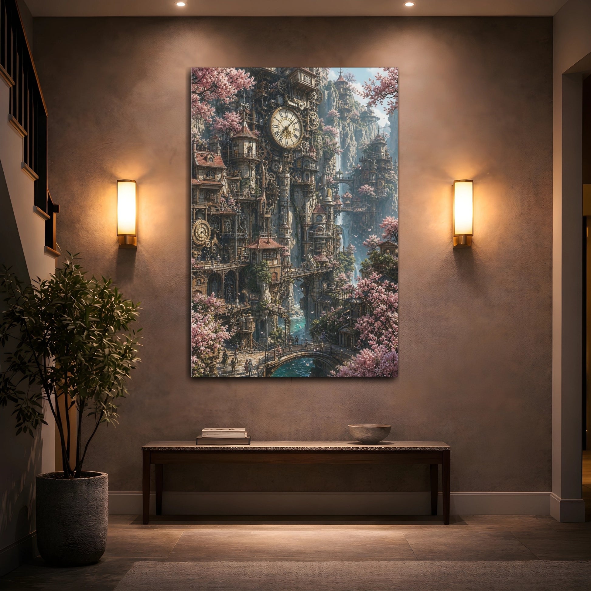 Mockup 2. Enchanted Clockwork City shown as canvas print